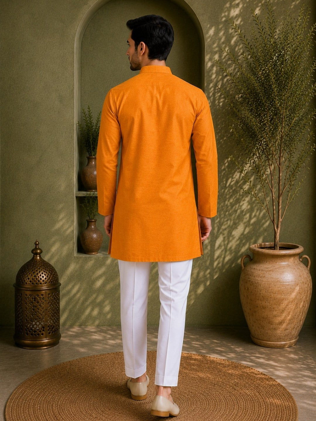 Tattva Men Saffron-Toned Applique Mandarin Collar Kurta