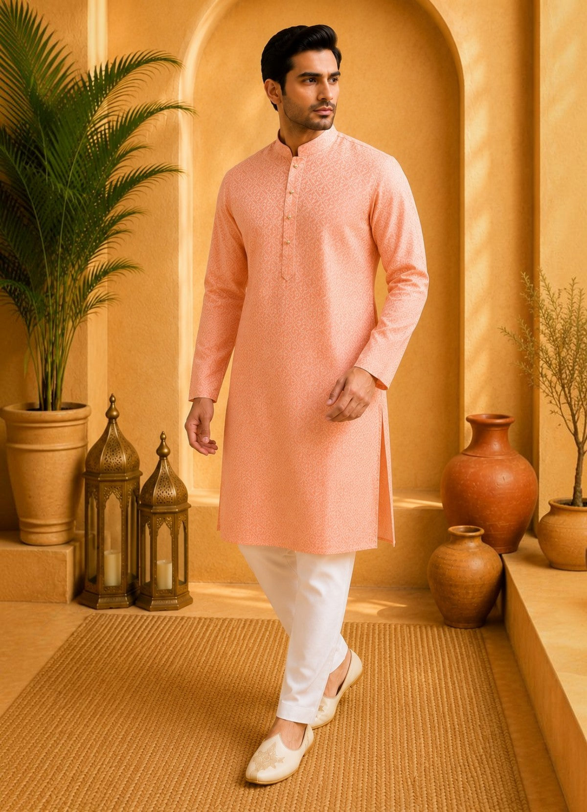 Tattva Men Peach Floral Woven Design Kurta Pyjama