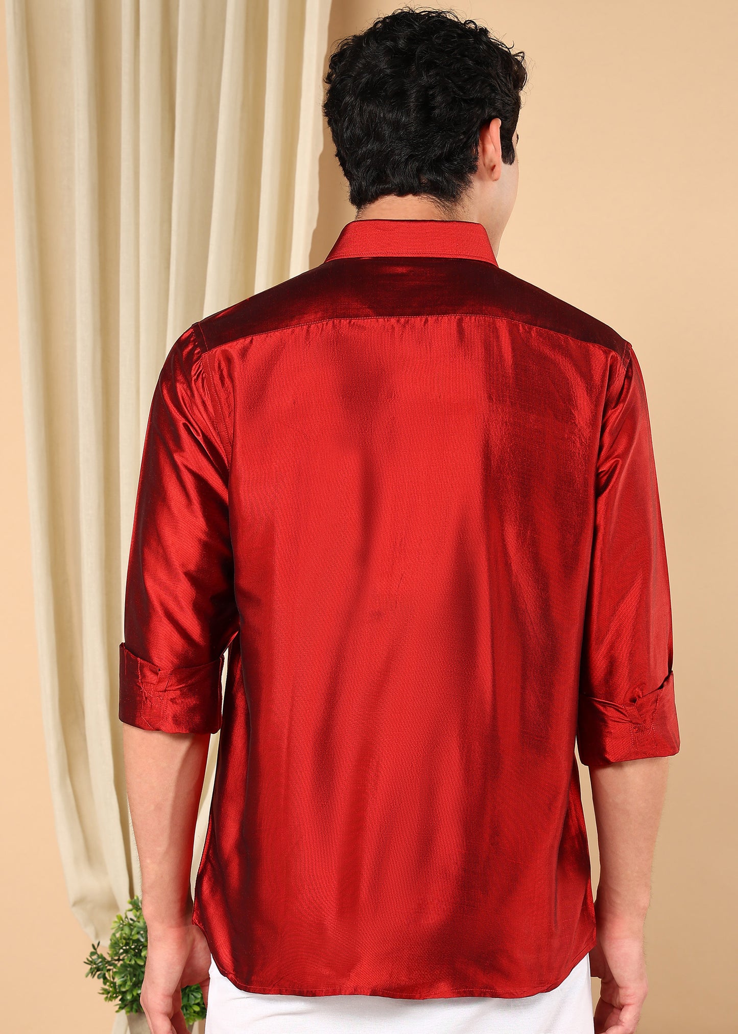 Tattva Men Cherry Red Pure Silk Solid Opaque Shirt