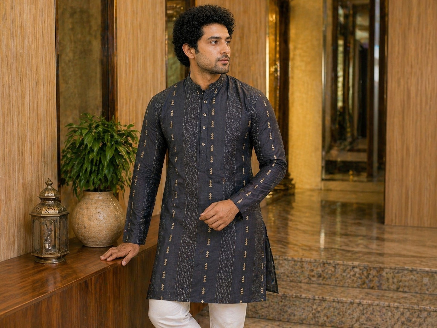 Tattva Men Navy Blue Embroidered Cotton Silk Kurta with Pyjamas