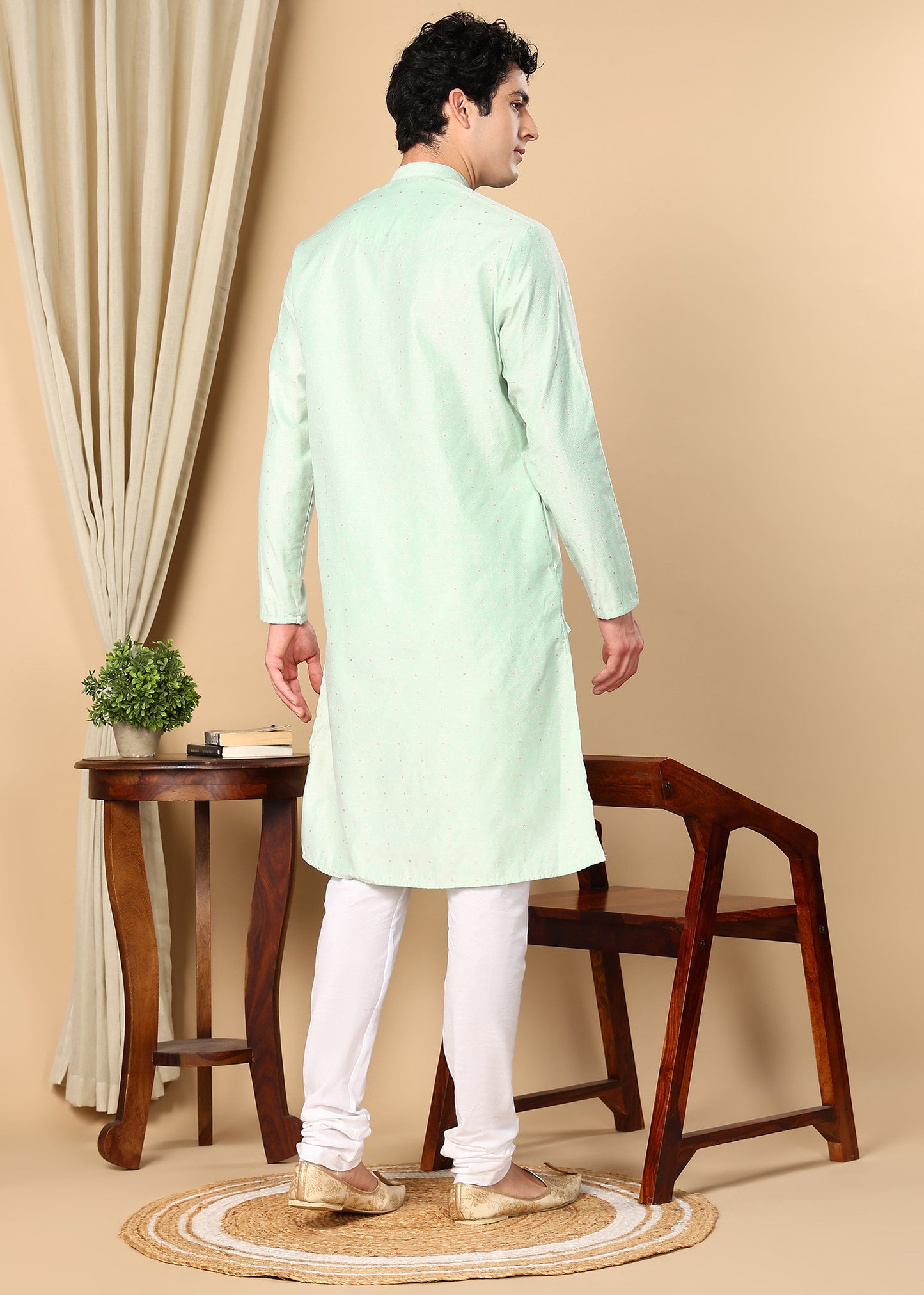 Tattva Woven Design Band Collar Embellished Straight Kurta