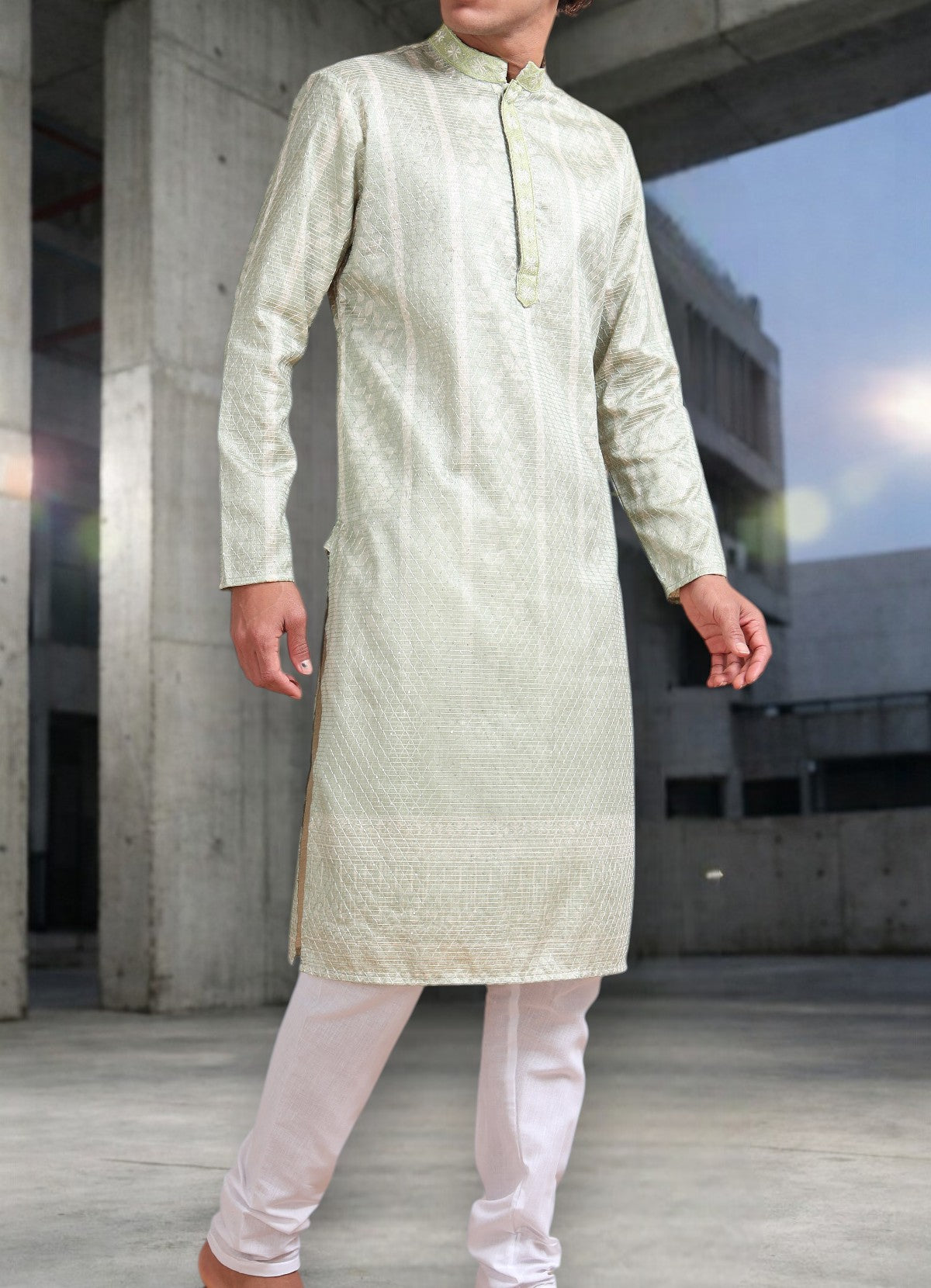 Tattva Woven Diamond Motif Sage Green Festive Kurta Set