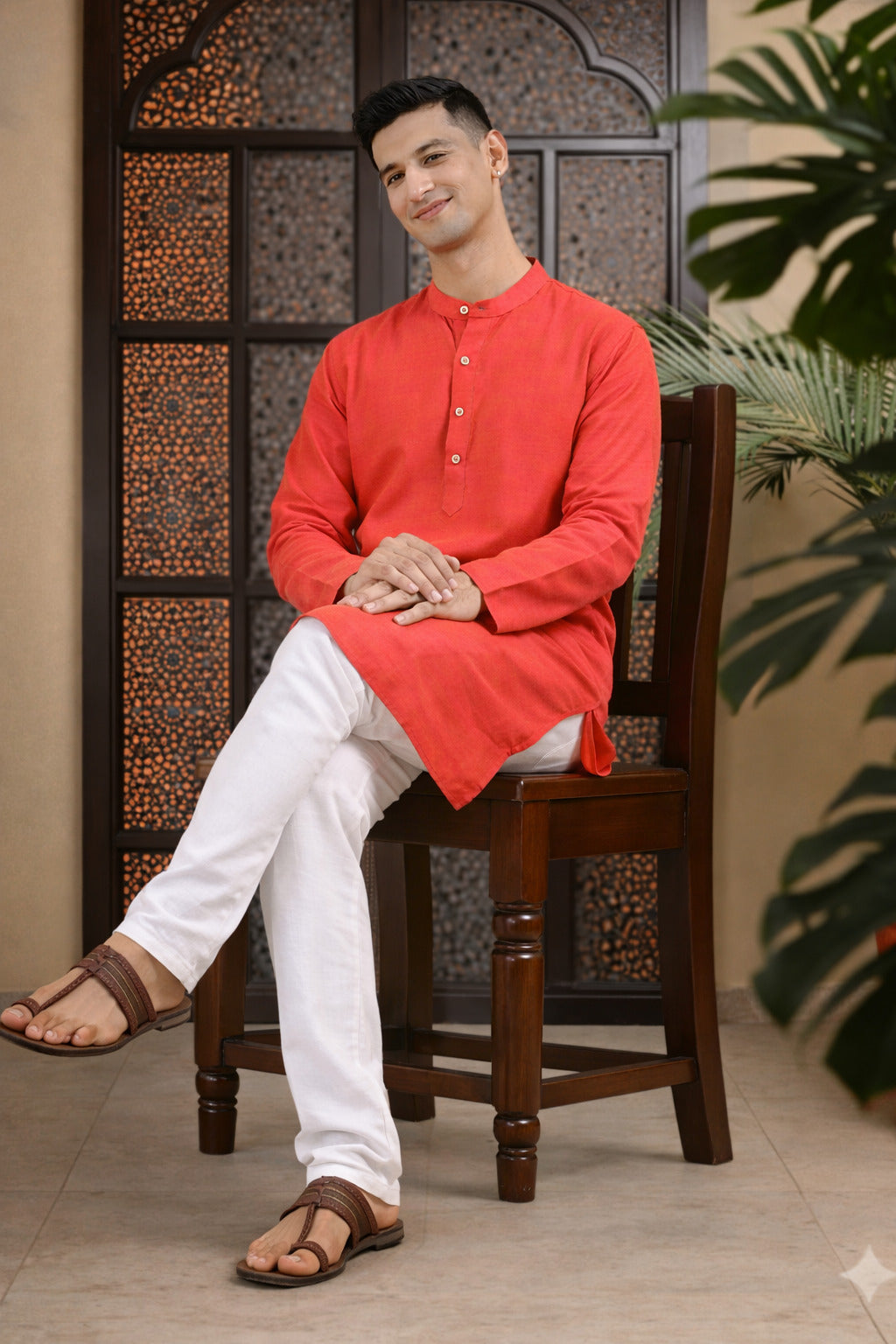 Tattva Men Solid Pure Cotton Short Kurta with Mandarin Collar