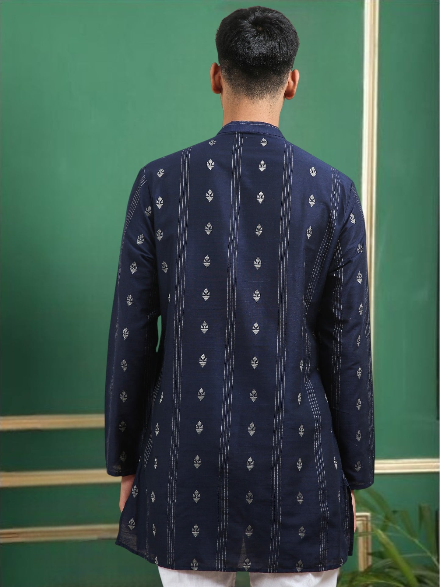 Tattva Navy Blue Toned Woven Design Cotton Short Kurta