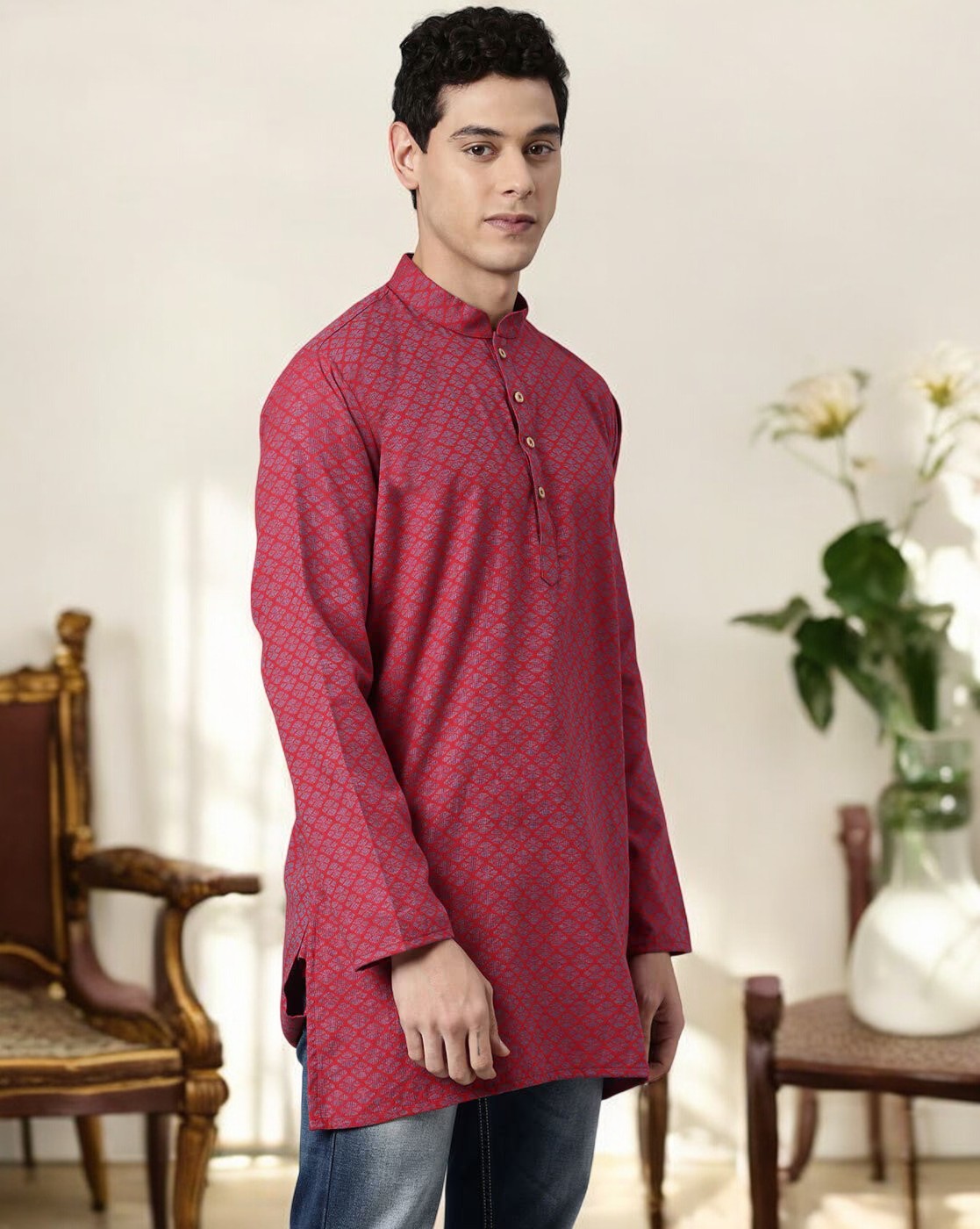 Tattva Men Red Geometric Print Cotton Blend Straight Kurta