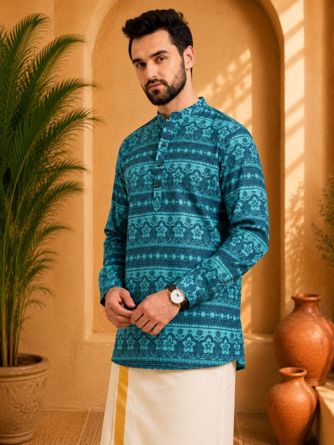 Tattva Men Floral Printed Woven Thread Super Short Kurta
