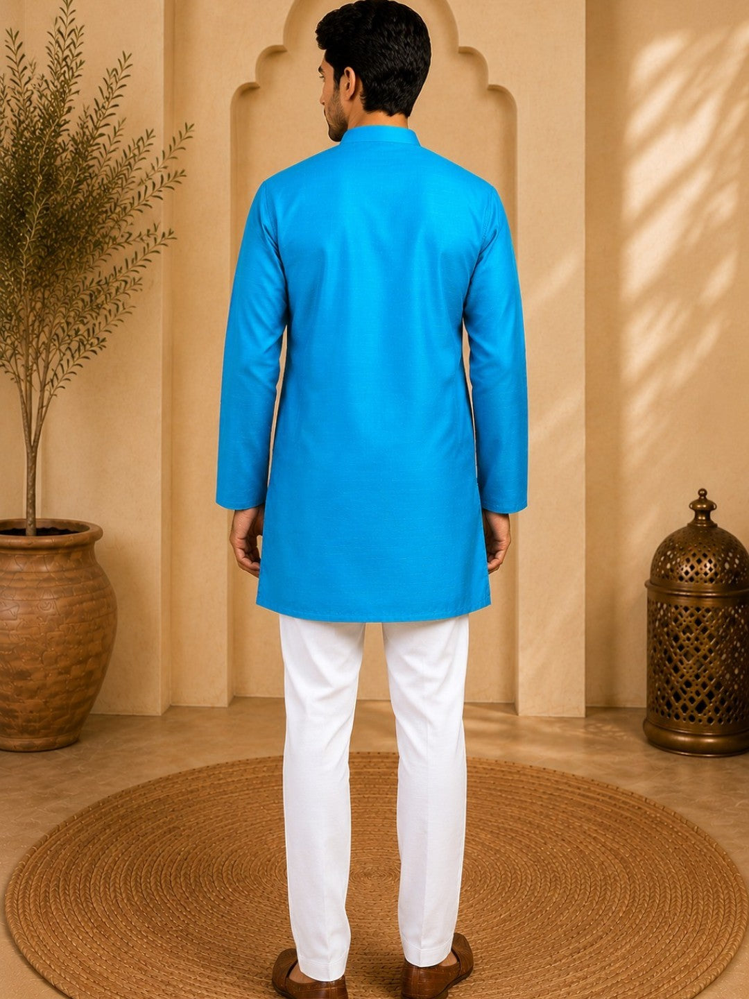 Tattva Men Solid Pure Cotton Short Kurta with Mandarin Collar