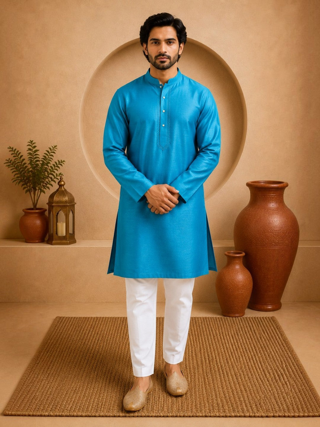 Tattva Solid Embroidered Mandarin Collar Short Kurta