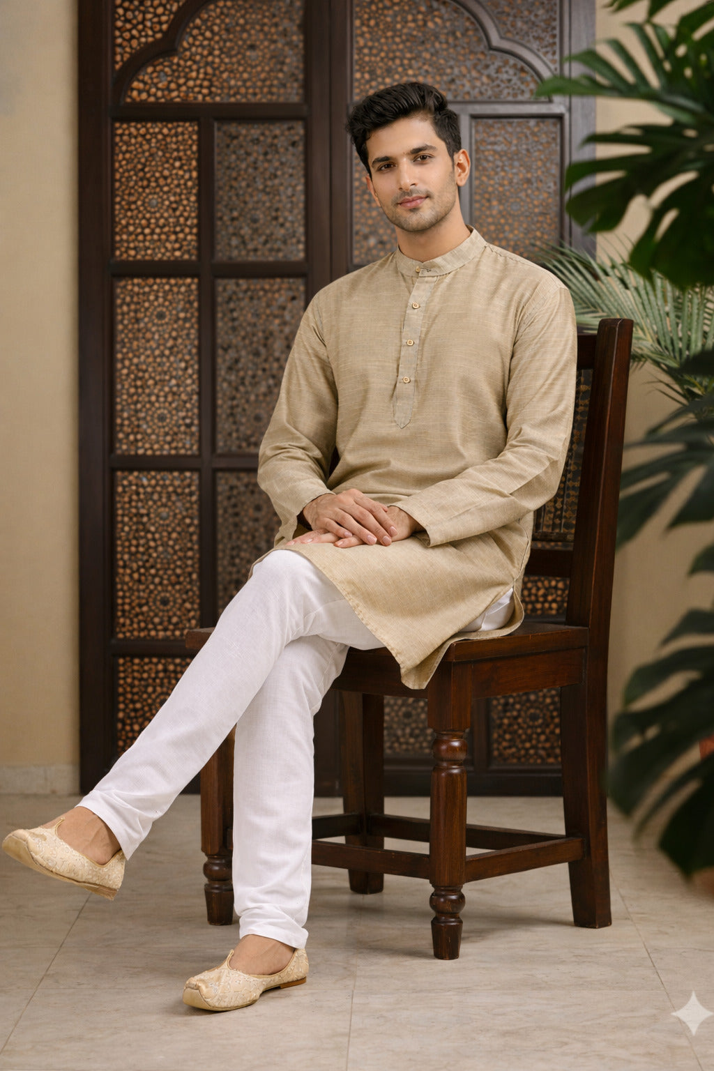 Tattva Men Solid Pure Cotton Short Kurta with Mandarin Collar