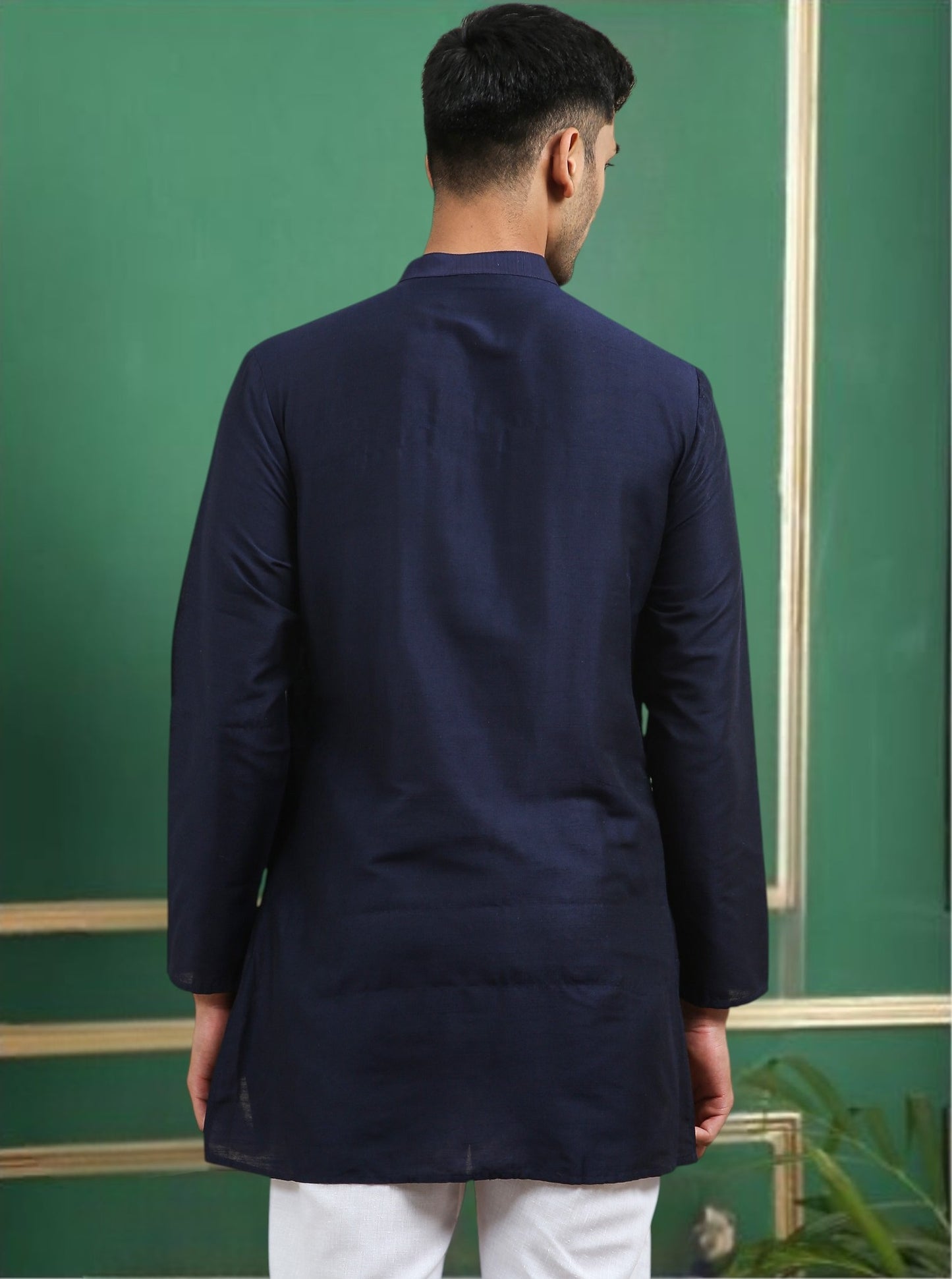 Tattva Navy Blue Toned Embroidered Cotton Short Kurta