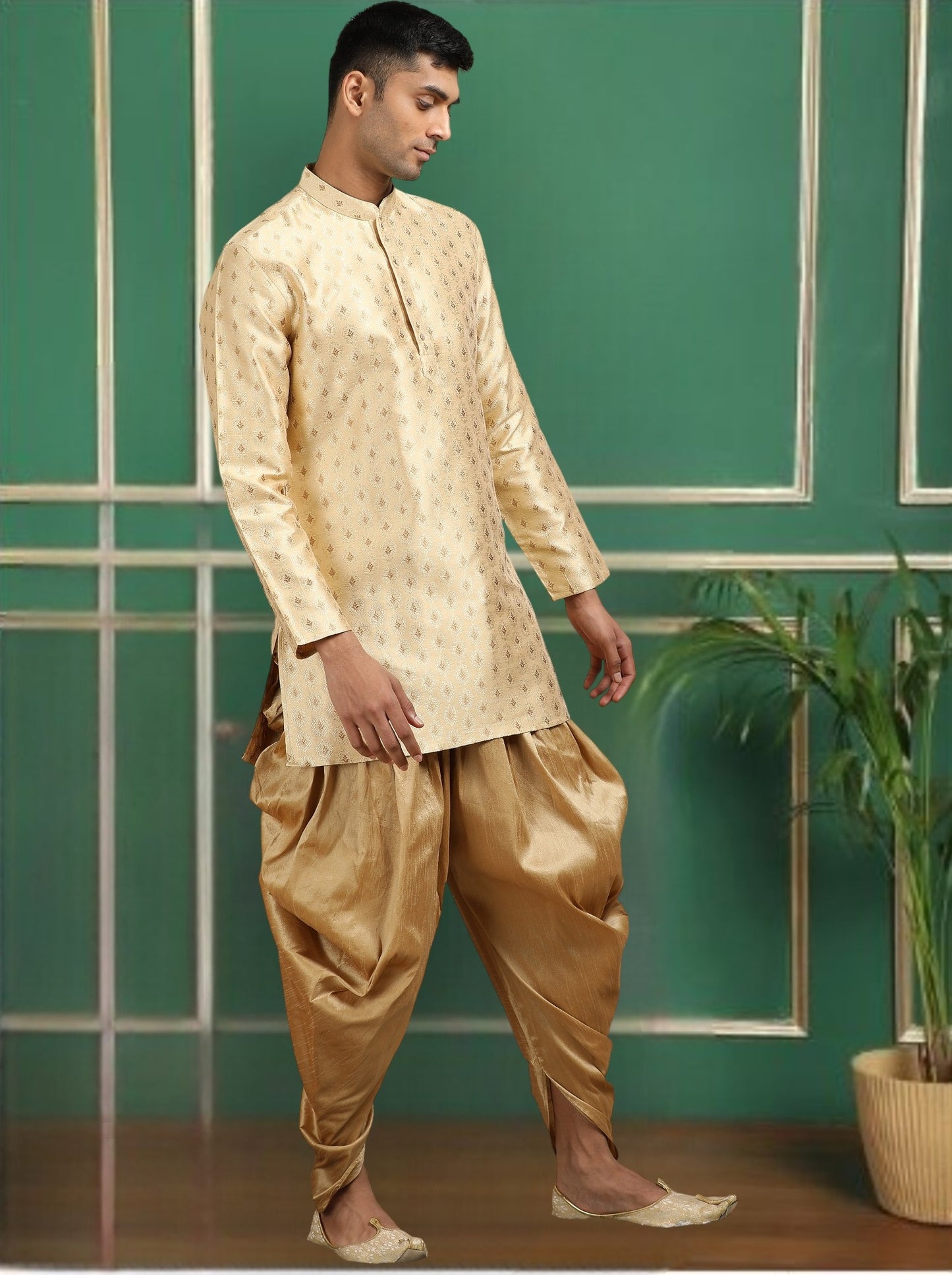 Tattva Beige Toned Jacquard Short Kurta