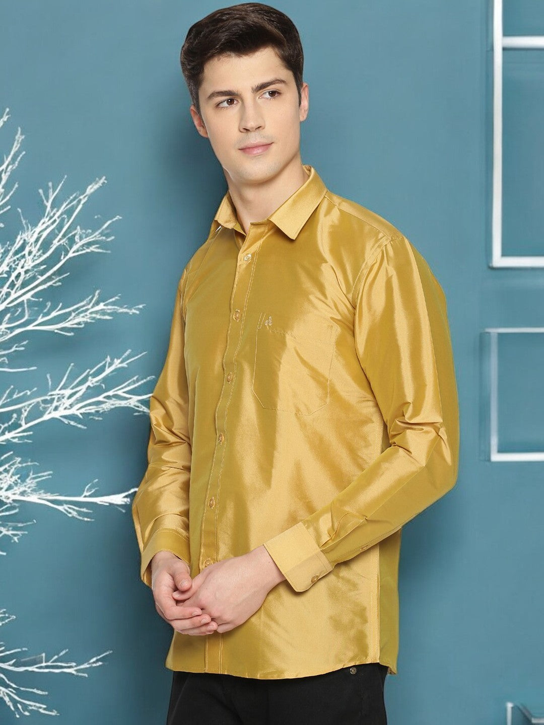 Gold-Toned Polyester Slim Fit Shirt