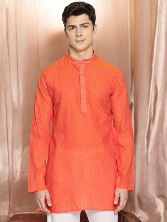 Orange Cotton Printed Straight Short Kurta