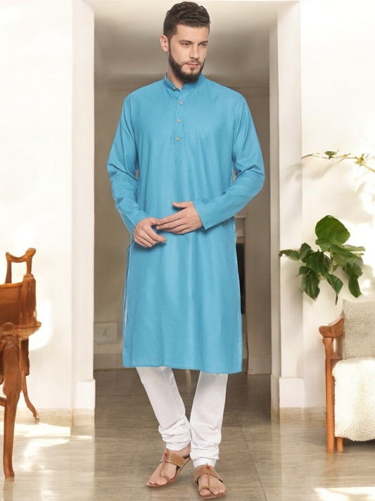 Light Blue Cotton Straight Solid Long Kurta