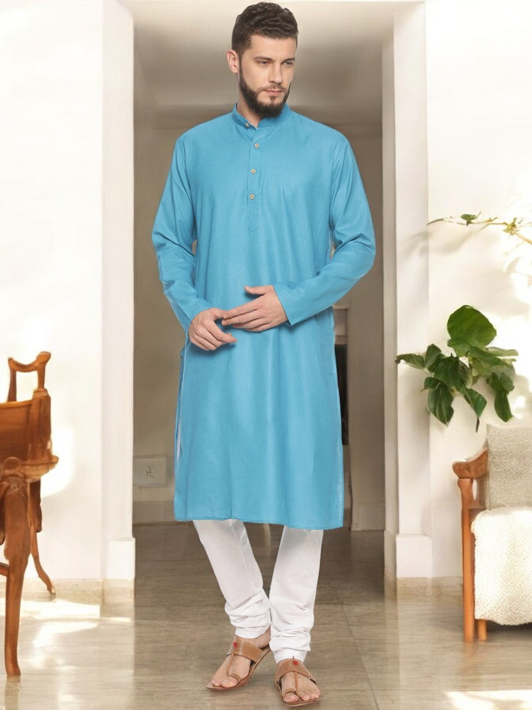 Sky Blue Cotton Kurta With Pyjamas