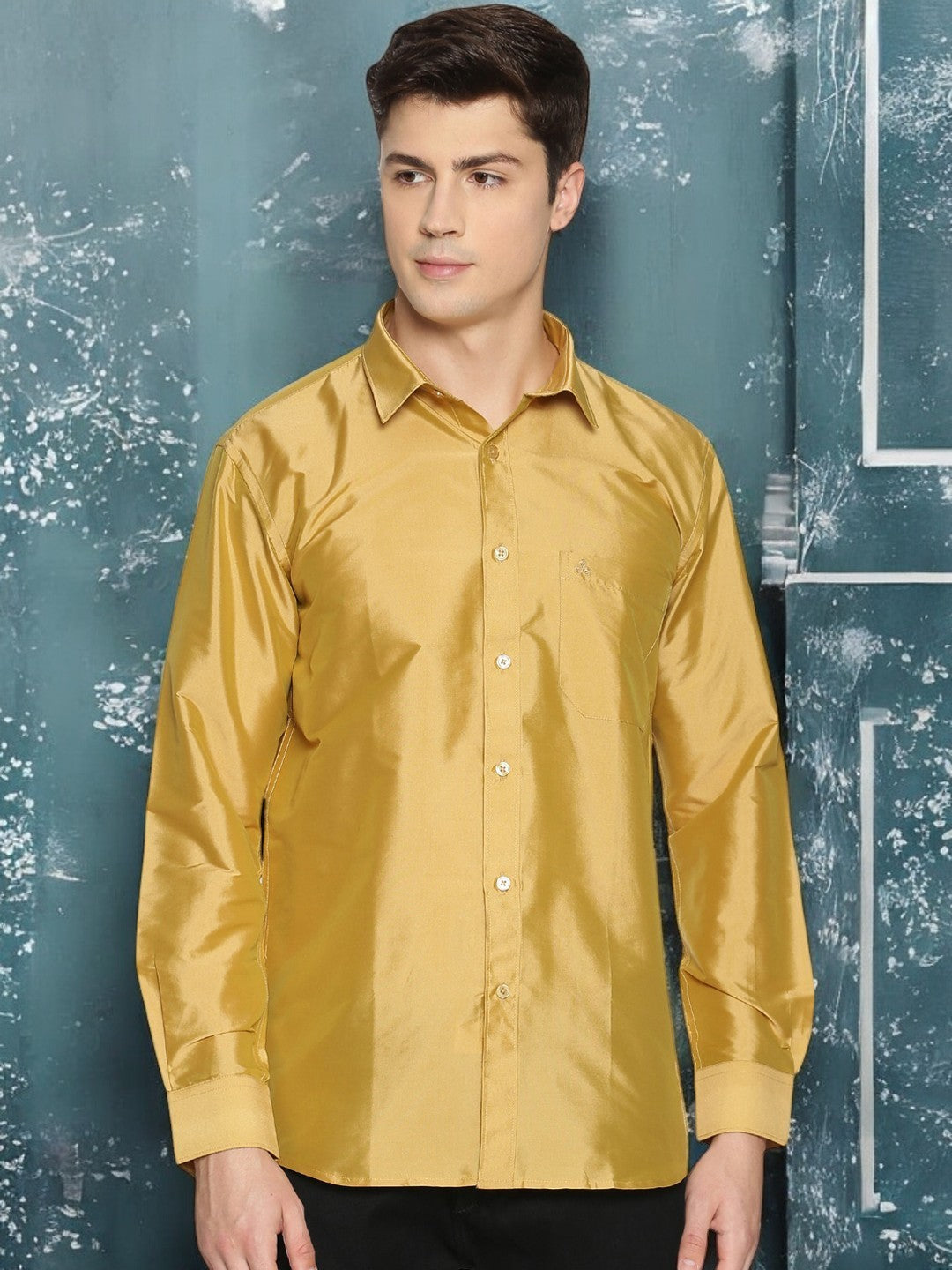 Gold-Toned Polyester Slim Fit Shirt