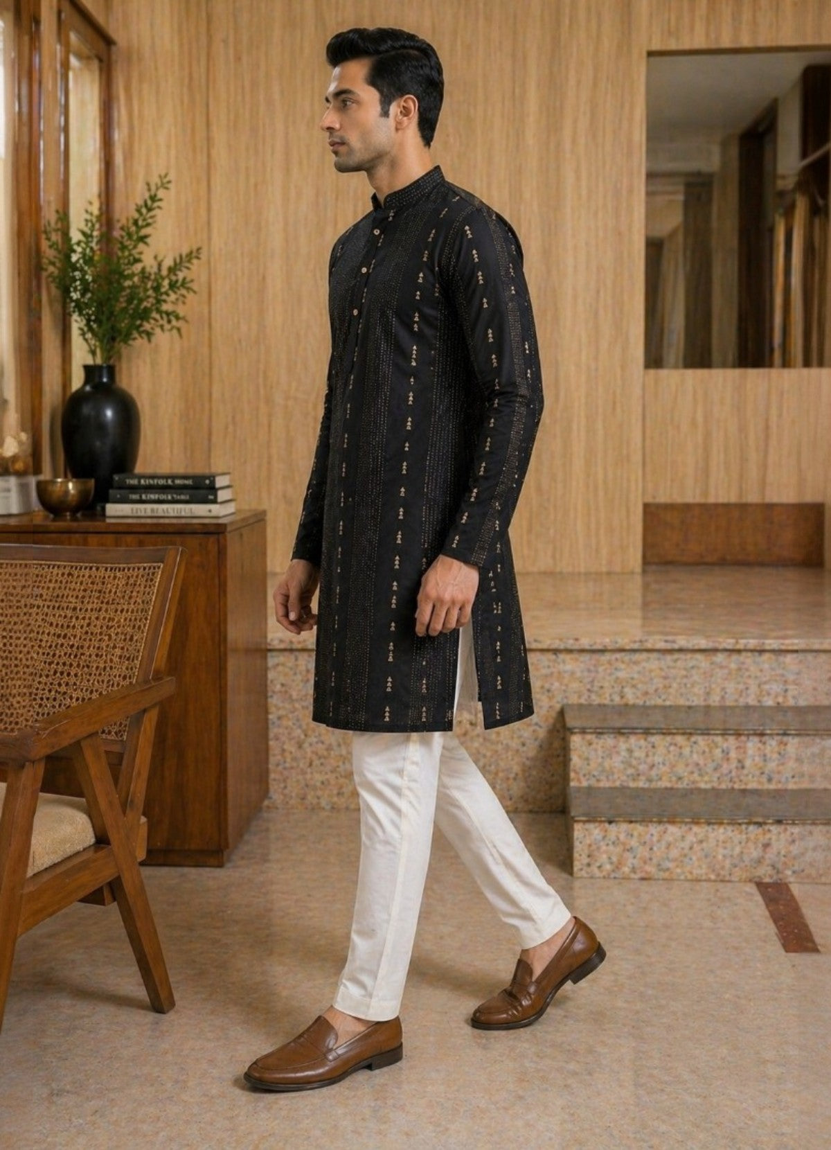 Tattva Men Black Embroidered Cotton Silk Kurta with Pyjamas