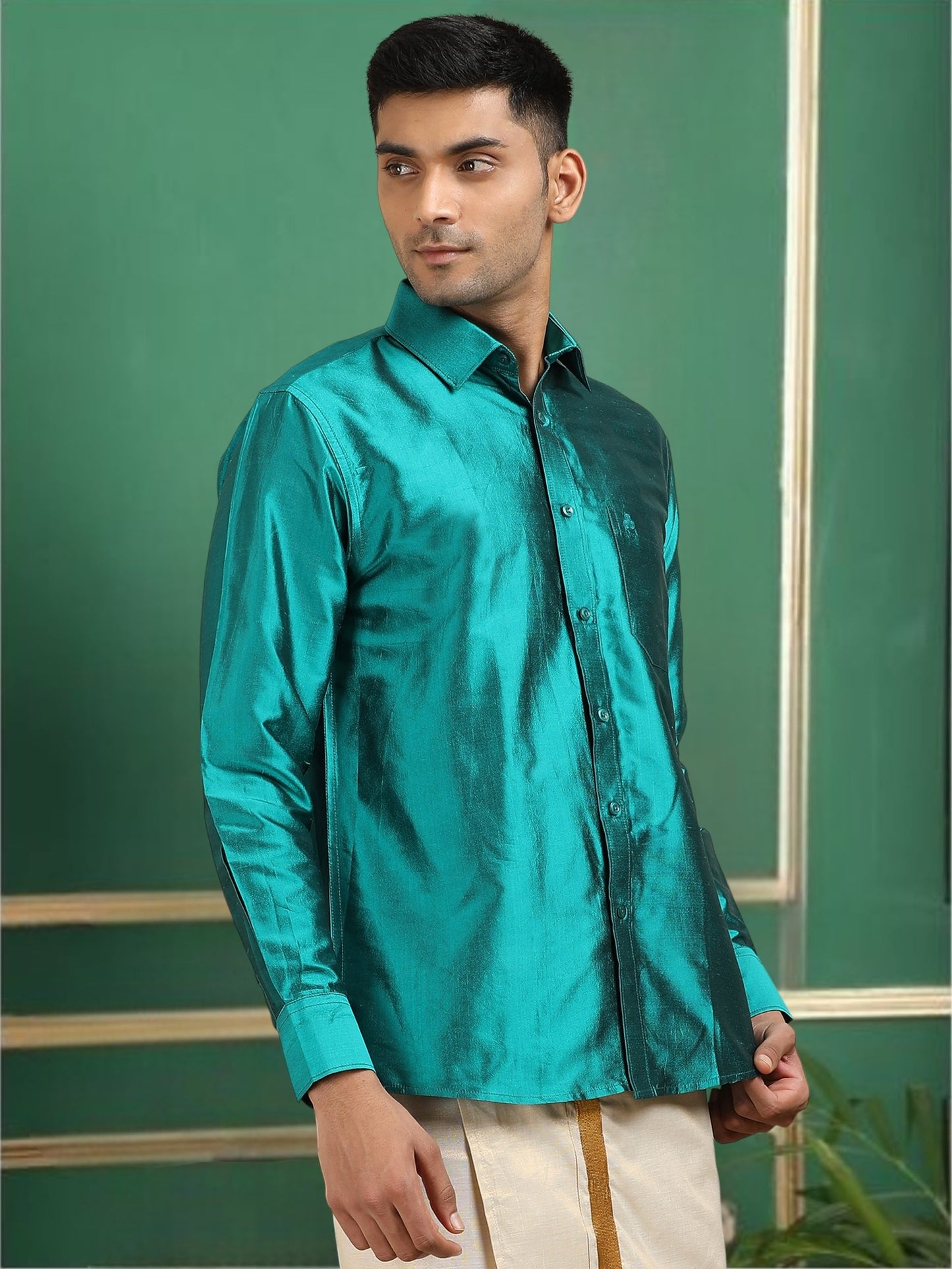Tattva Men Sea Green Toned Pure Silk Shirt