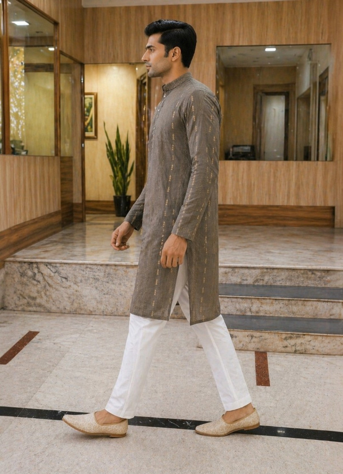 Tattva Men Coffee Brown Embroidered Cotton Silk Kurta with Pyjamas