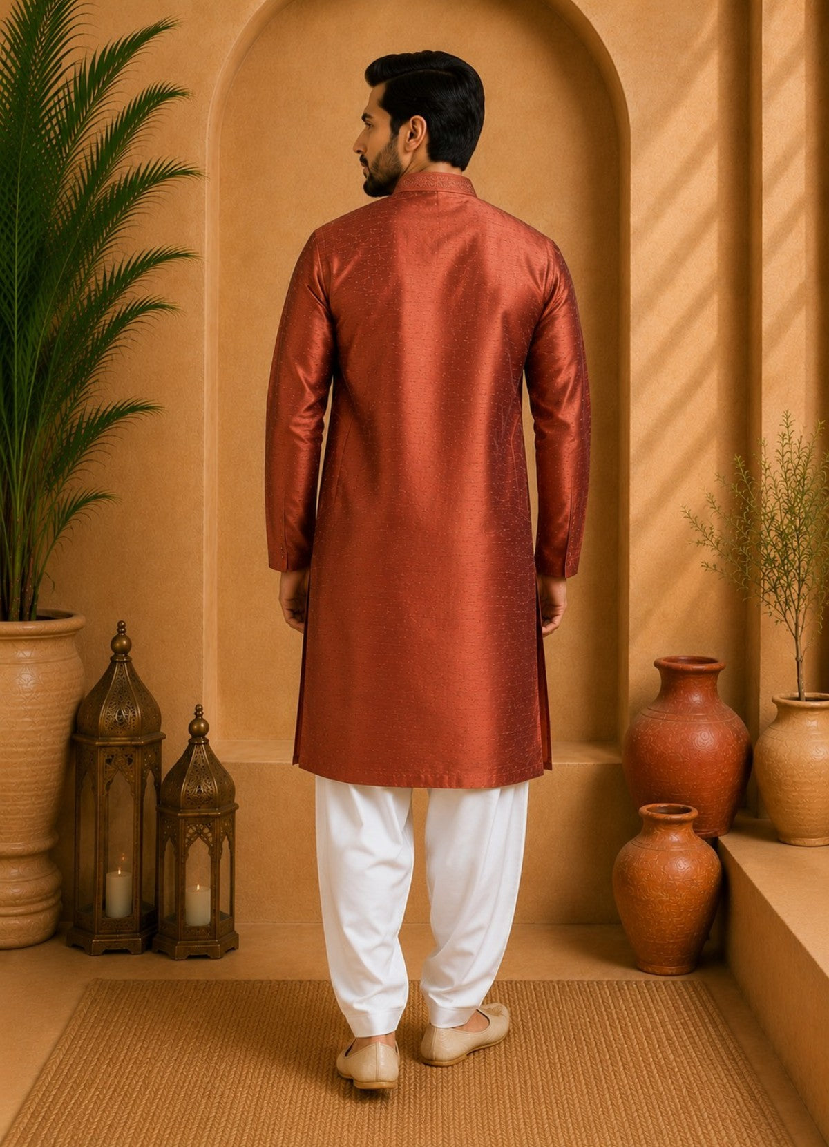 Tattva Men Thread Work Mandarin Collar Silk Straight Kurta