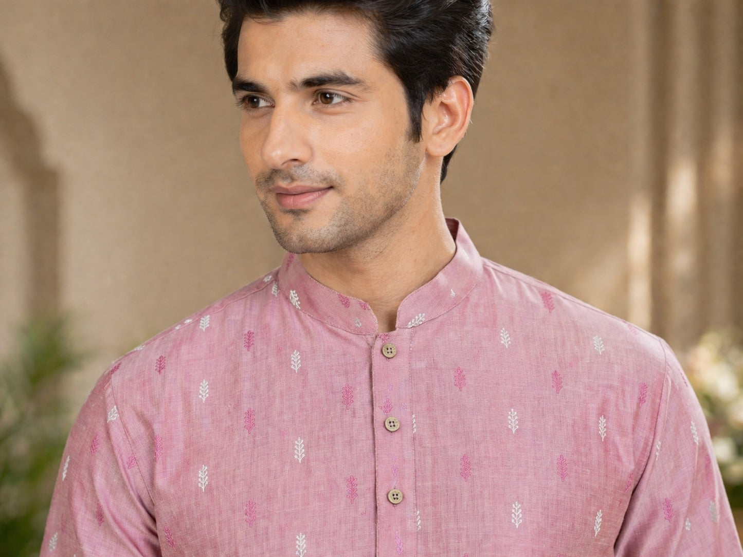 Tattva Men Dusty Pink Embroidered Cotton Silk Kurta with Pyjamas