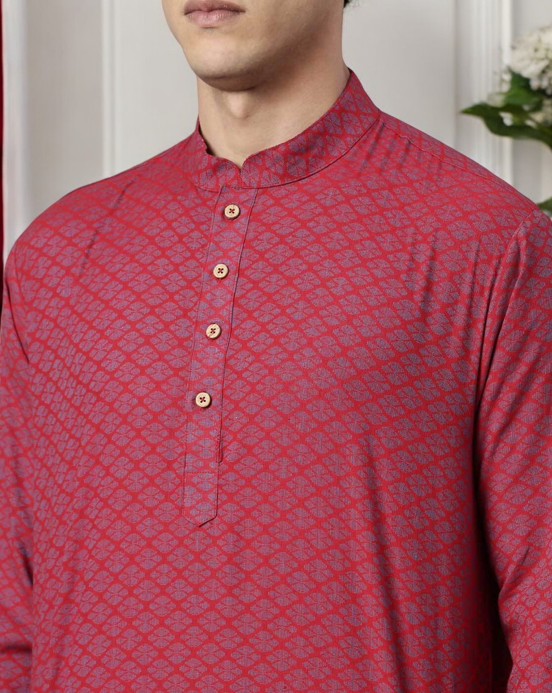 Tattva Men Red Geometric Print Cotton Blend Straight Kurta