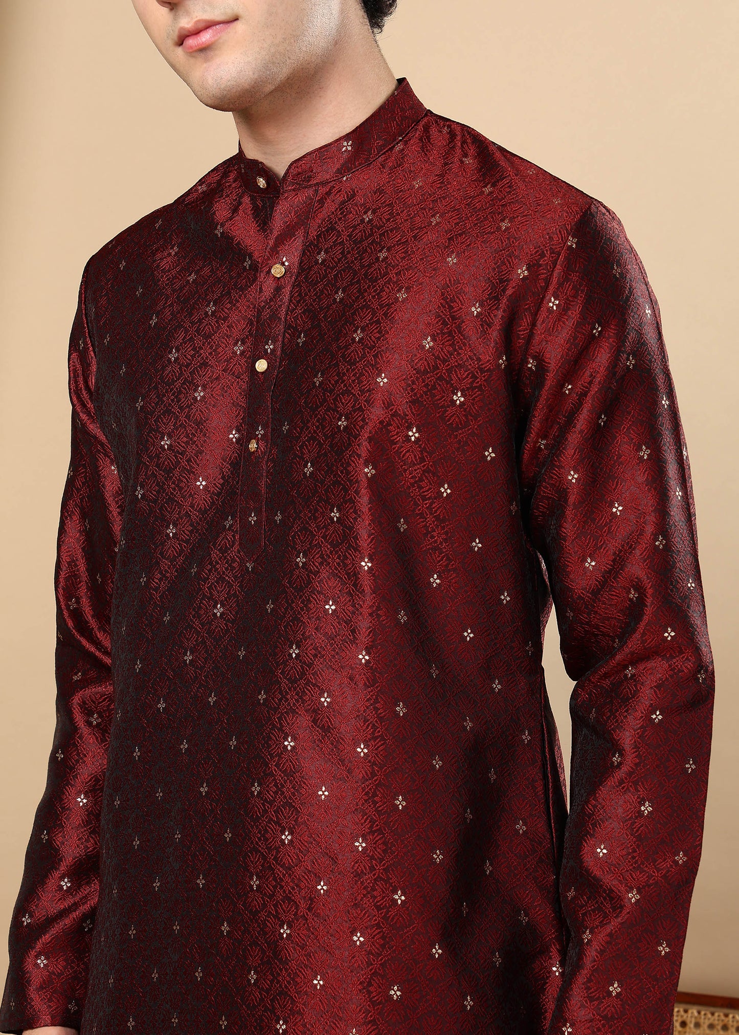 Tattva Maroon Toned Woven Design Short Kurta