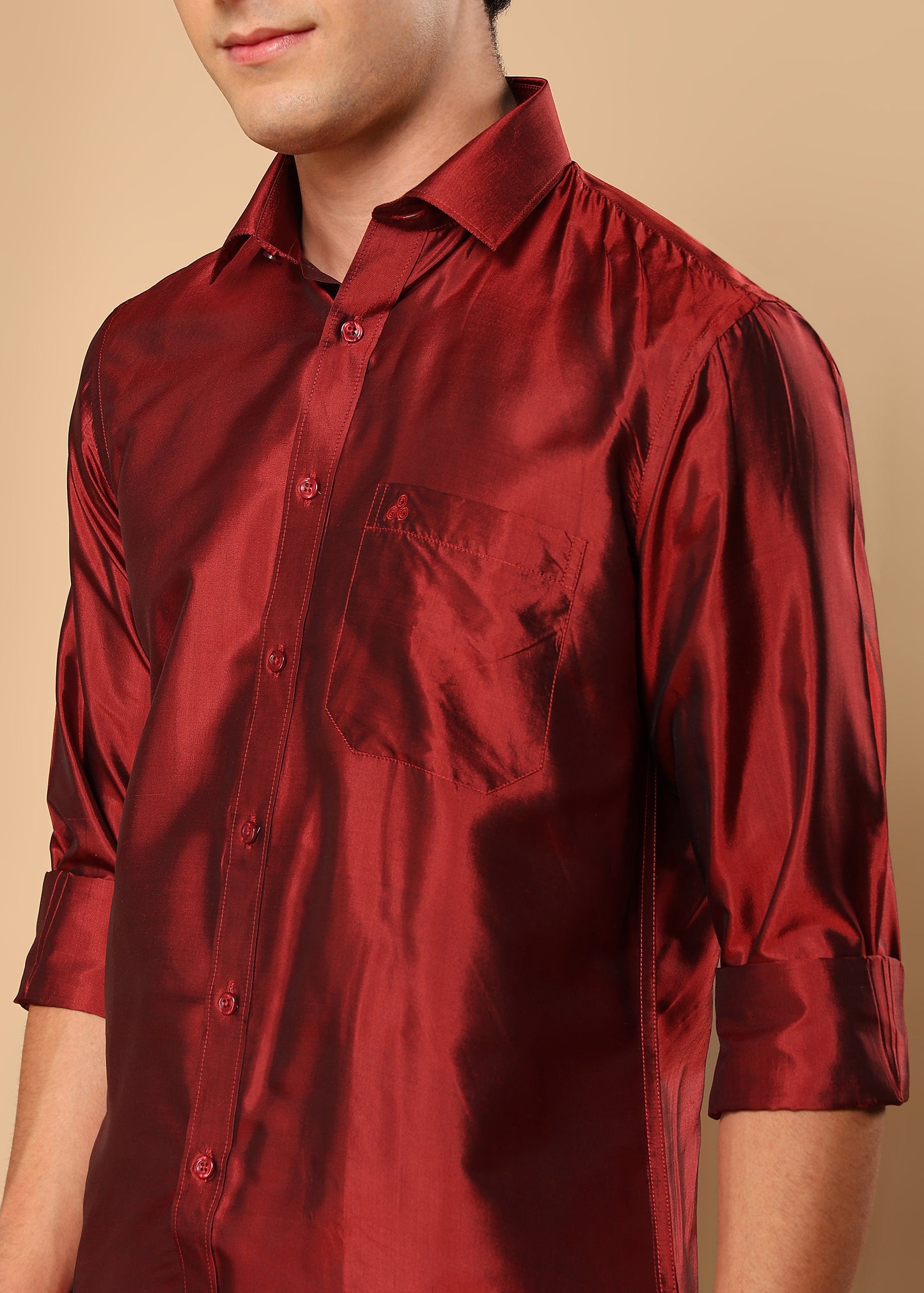 Tattva Men Maroon Pure Silk Solid Opaque Shirt