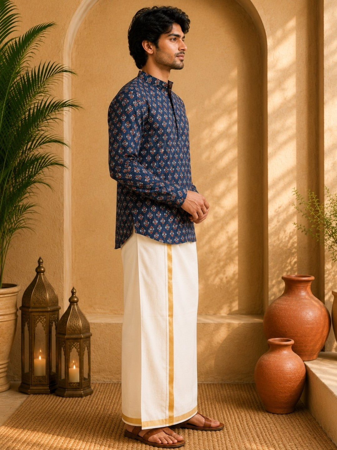 Tattva Men Floral Printed Woven Thread Super Short Kurta