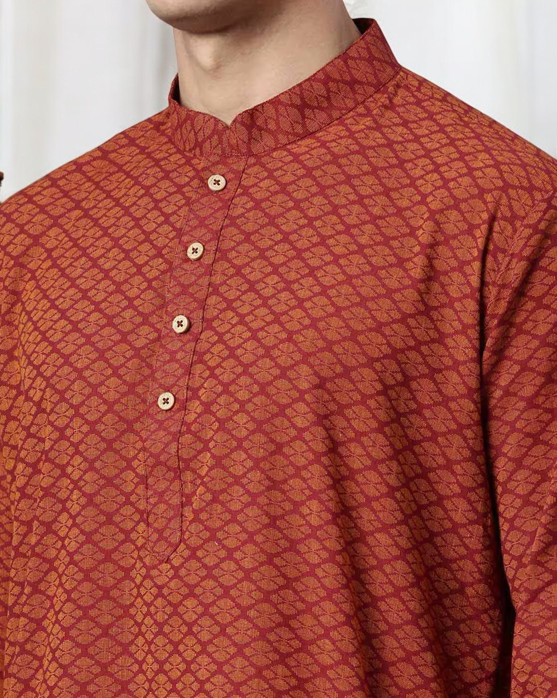 Tattva Men Maroon Geometric Print Cotton Blend Straight Kurta