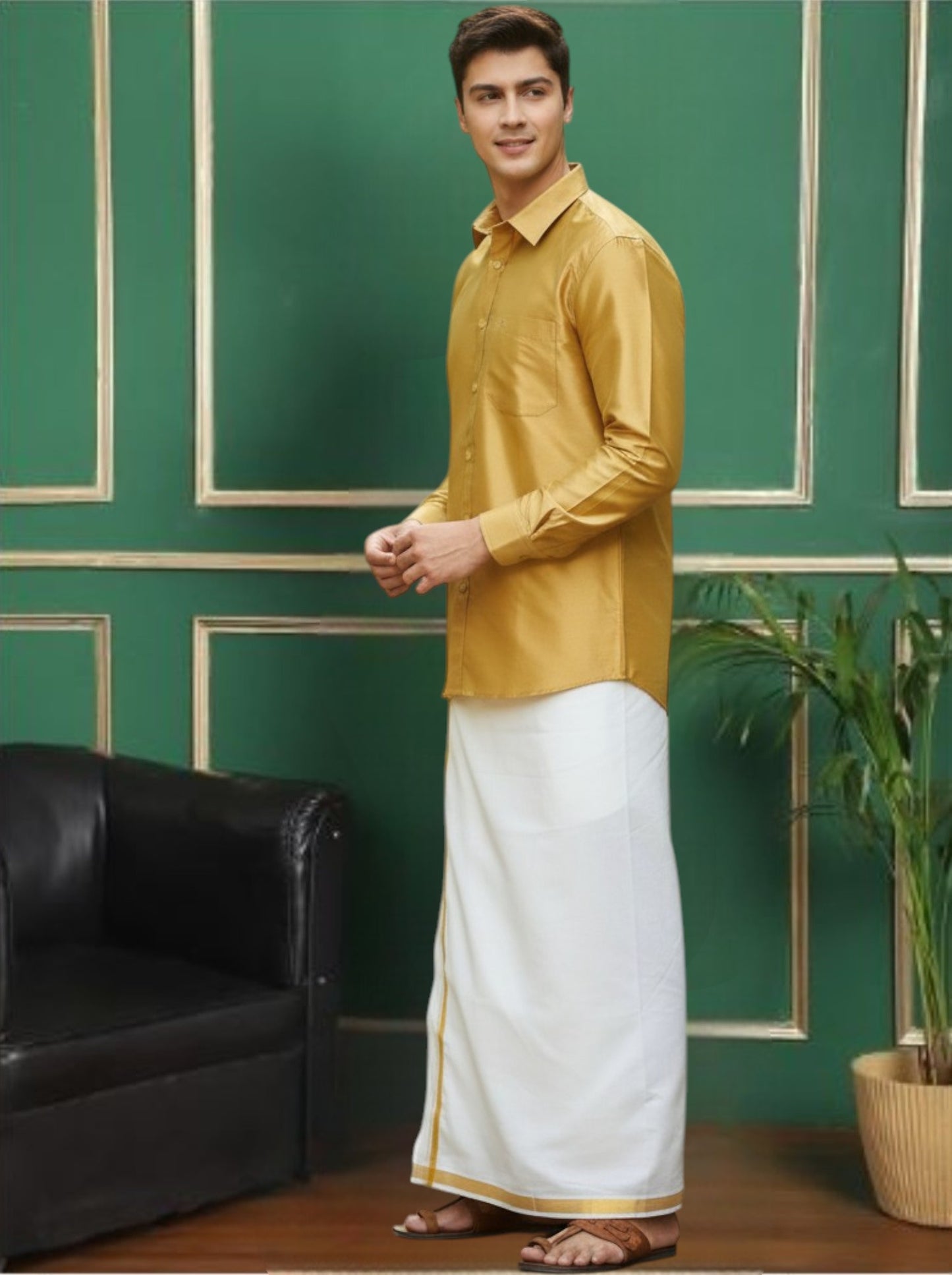 Tattva Men Gold-Toned Slim Fit Solid Casual Shirt