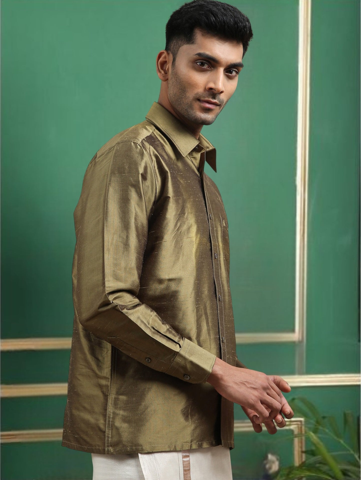 Tattva Men Olive Toned Pure Silk Shirt