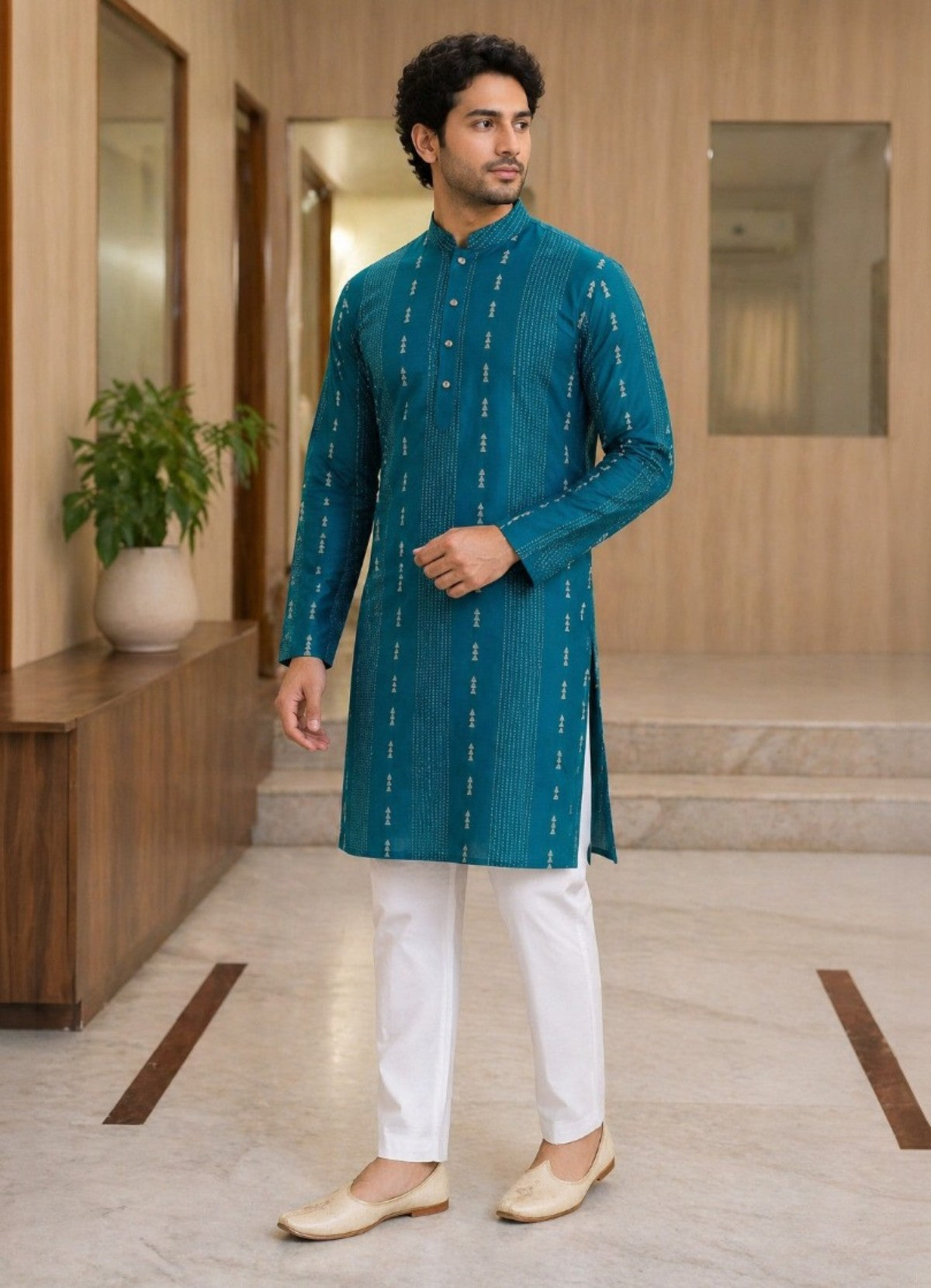 Tattva Men Teal Green Embroidered Cotton Silk Kurta with Pyjamas