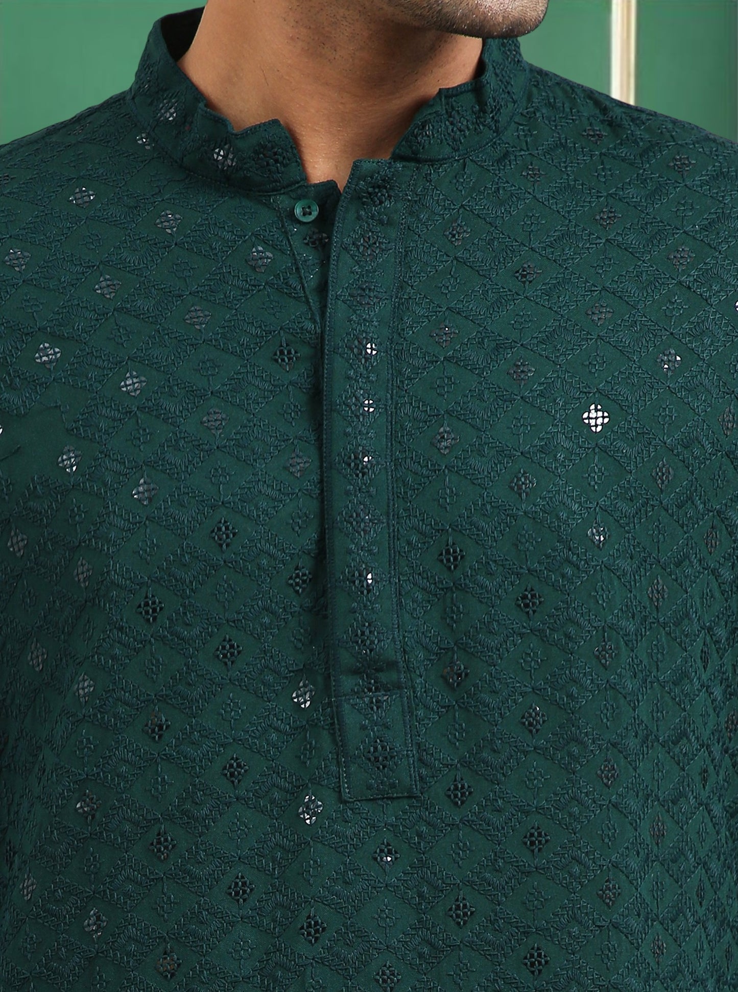 Tattva Dark Green Toned chikankari Cotton Short Kurta