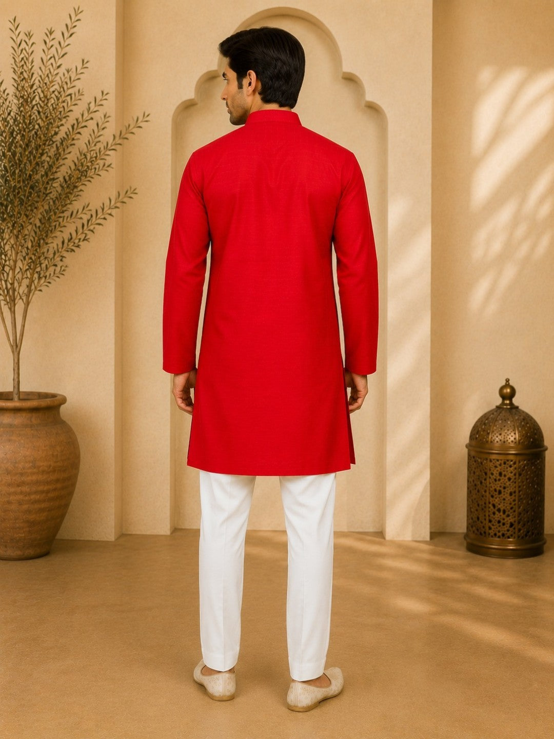 Tattva Red Toned Embroidered Cotton Short Kurta