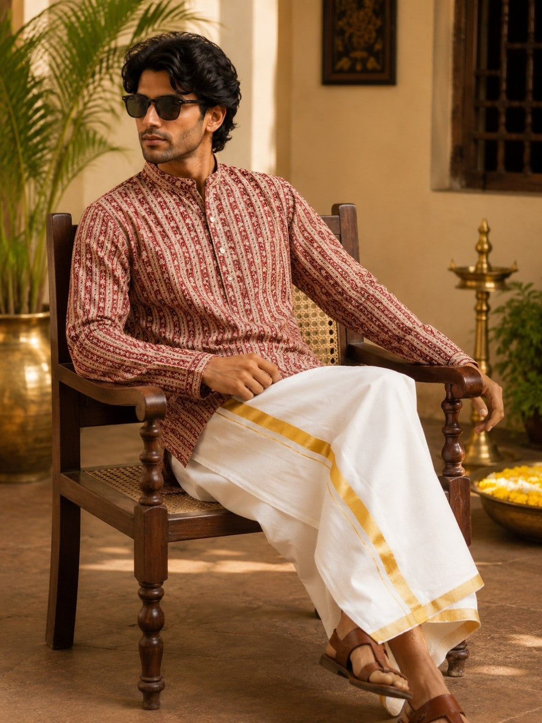 Tattva Men Floral Printed Woven Thread Super Short Kurta