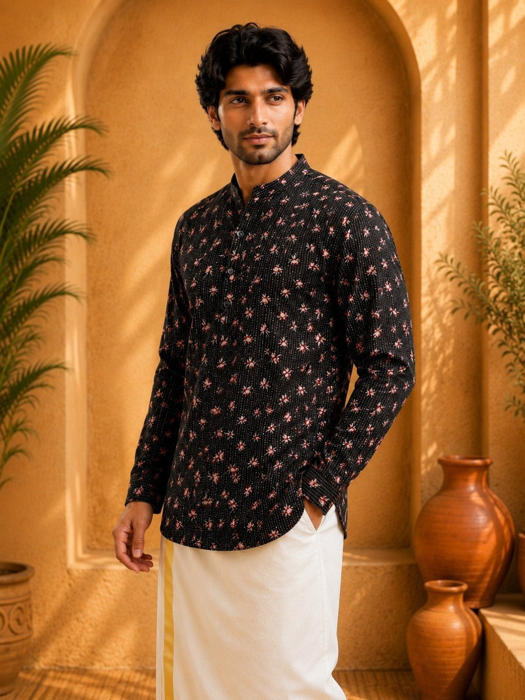 Tattva Men Floral Printed Woven Thread Super Short Kurta