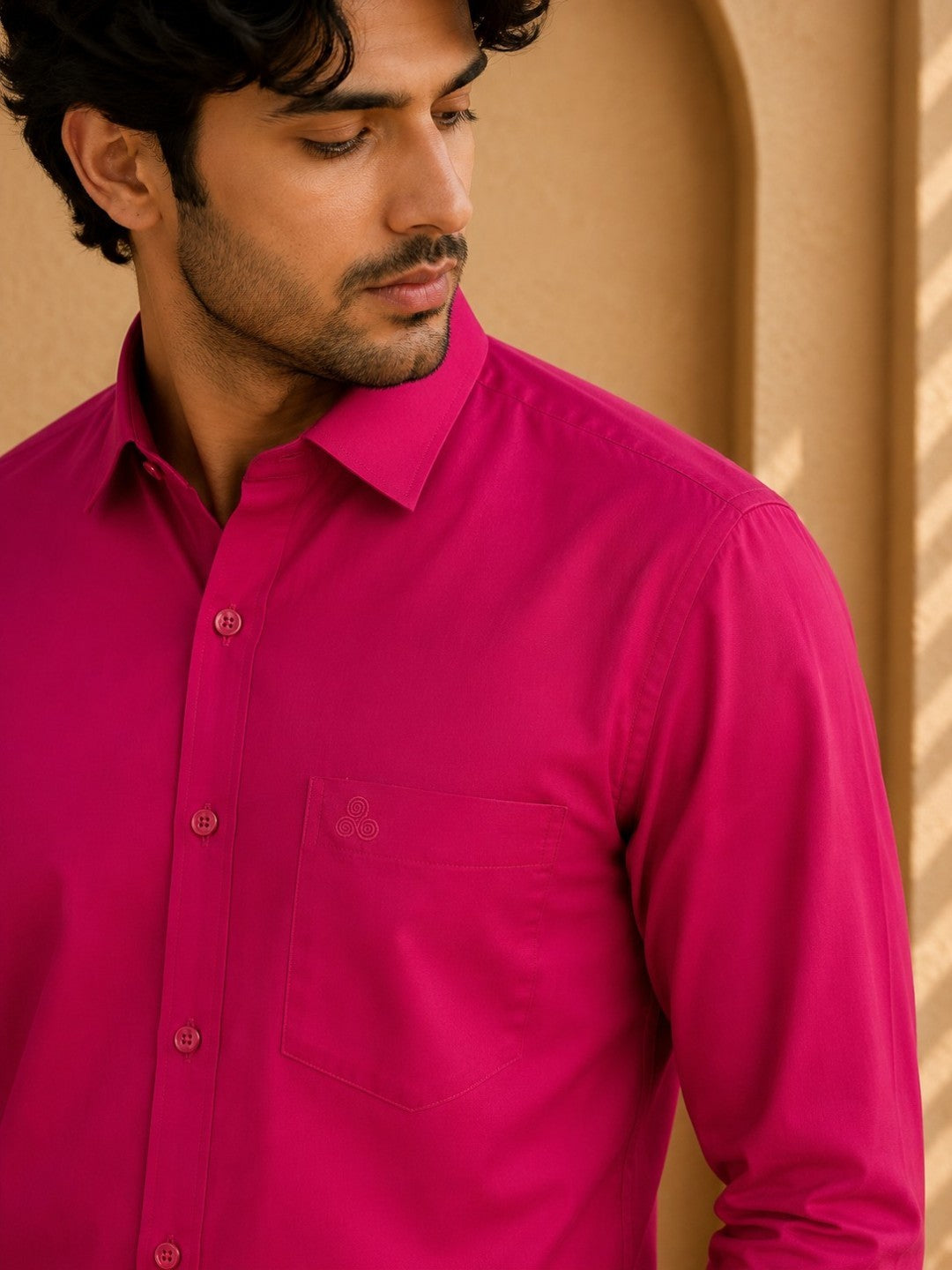 Pink Polyester Slim Fit Solid Party Shirt
