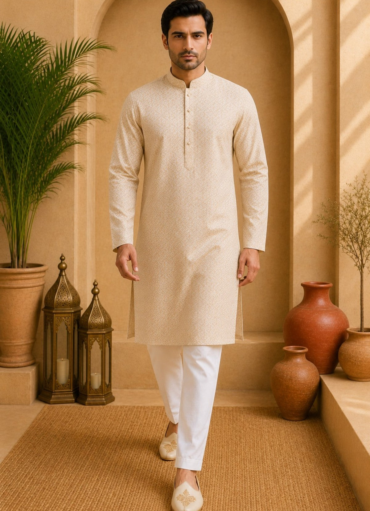 Tattva Men Beige Floral Woven Design Kurta Pyjama