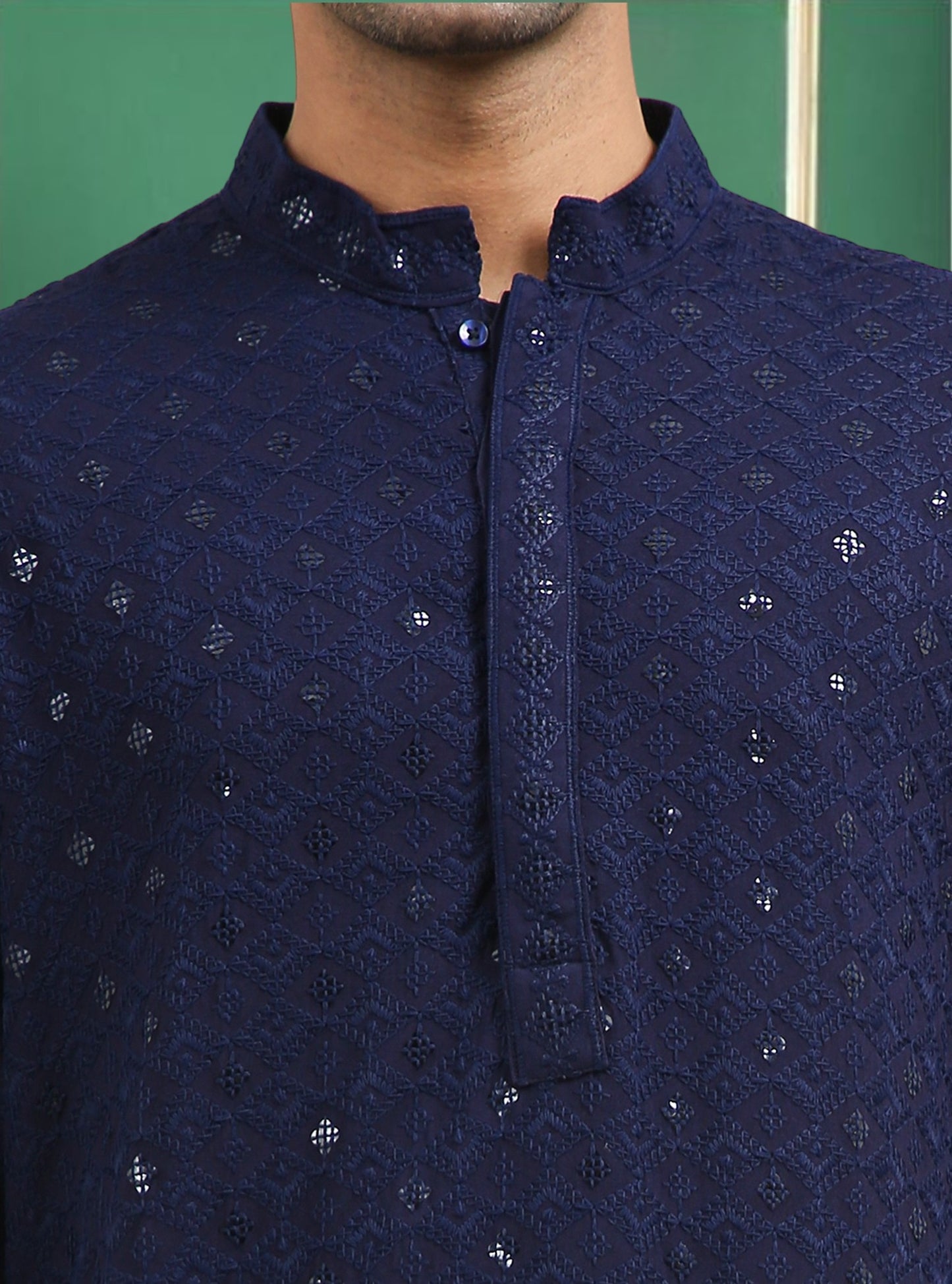 Tattva Navy Blue Toned chikankari Cotton Short Kurta