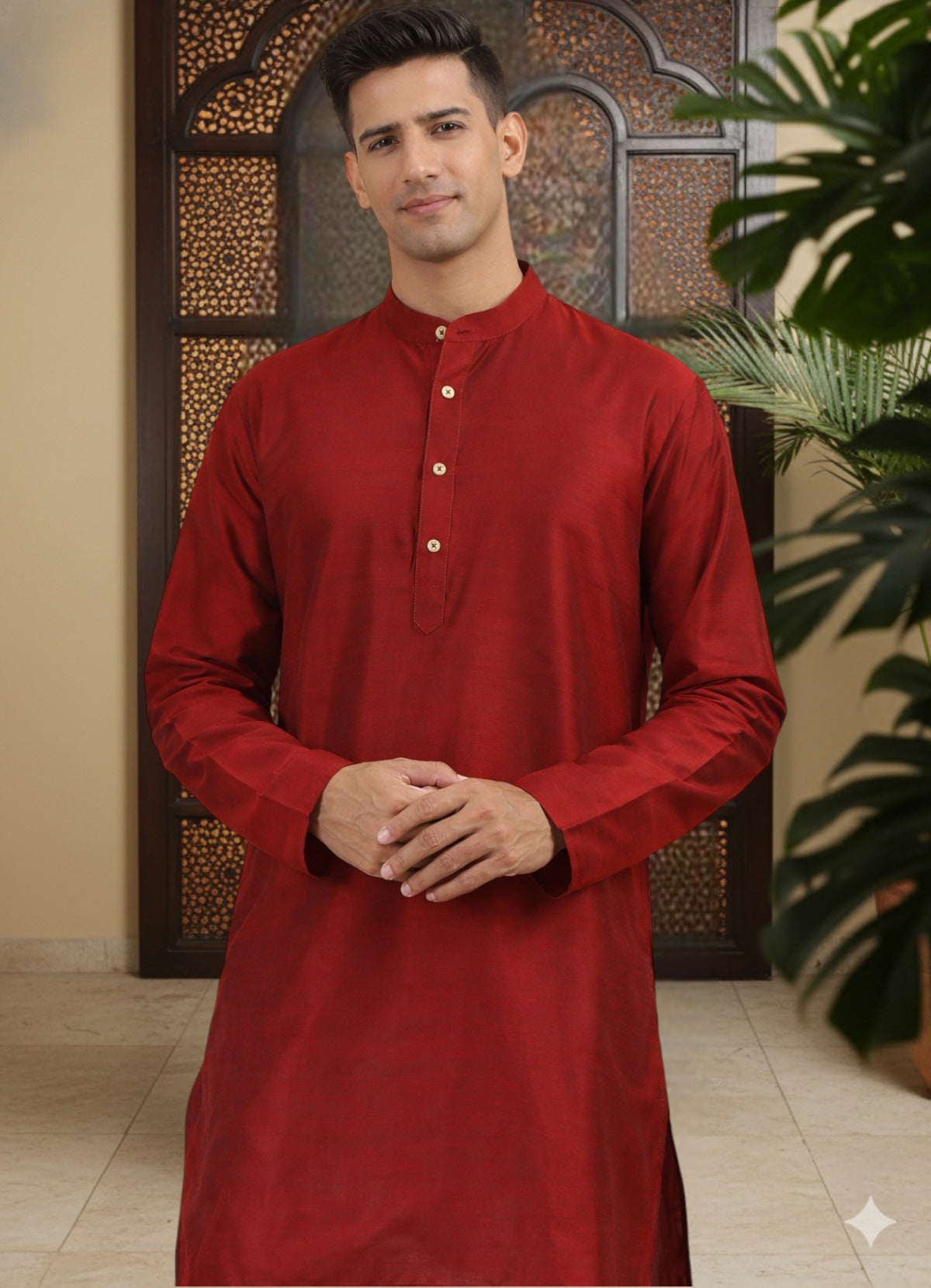 Tattva Men Solid Pure Cotton Short Kurta with Mandarin Collar