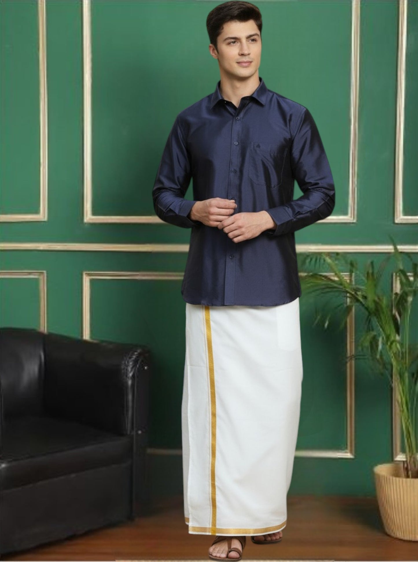 Tattva Men Navy Blue Slim Fit Solid Party Shirt