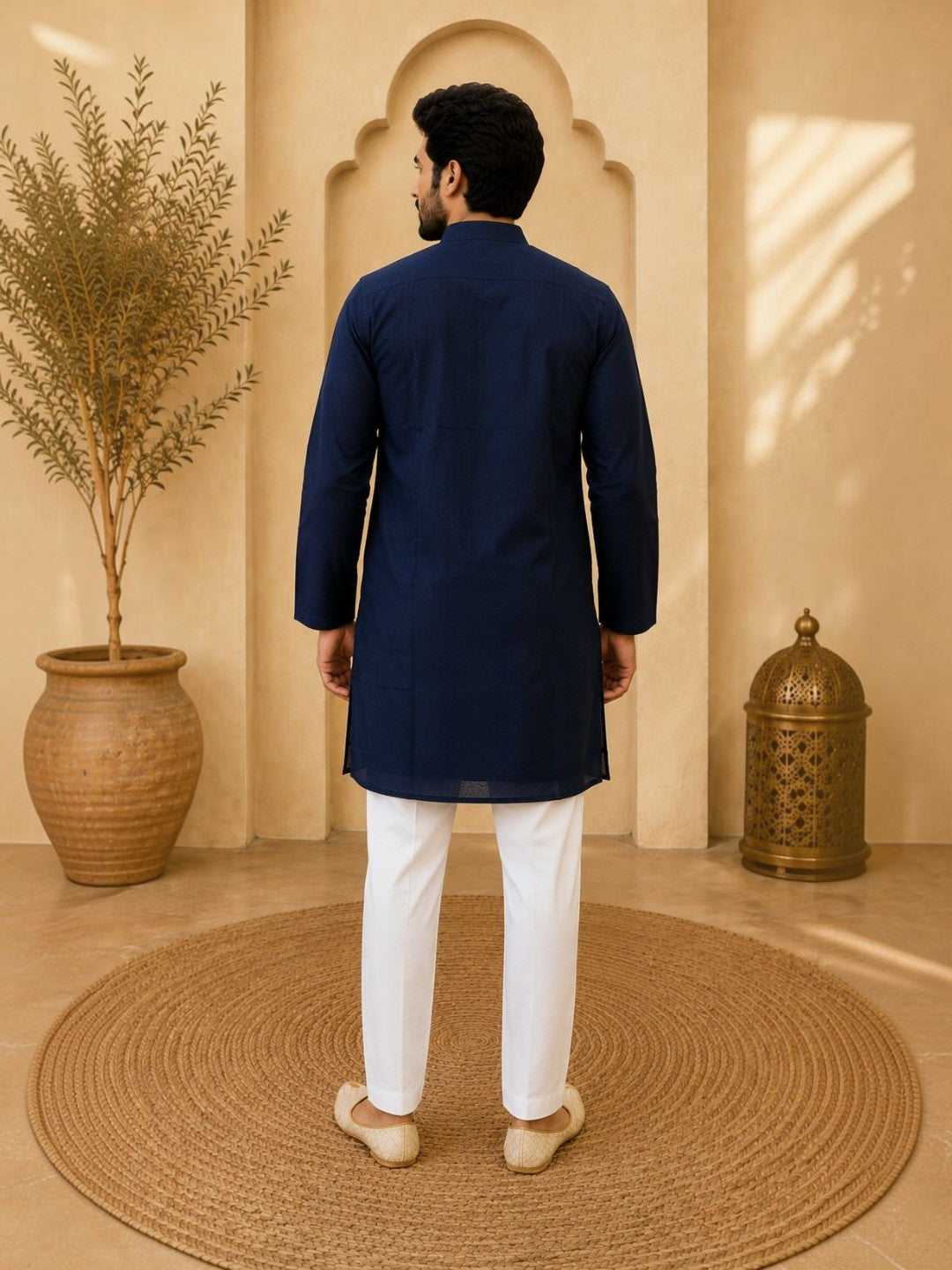 Tattva Navy Blue Toned Embroidered Cotton Short Kurta