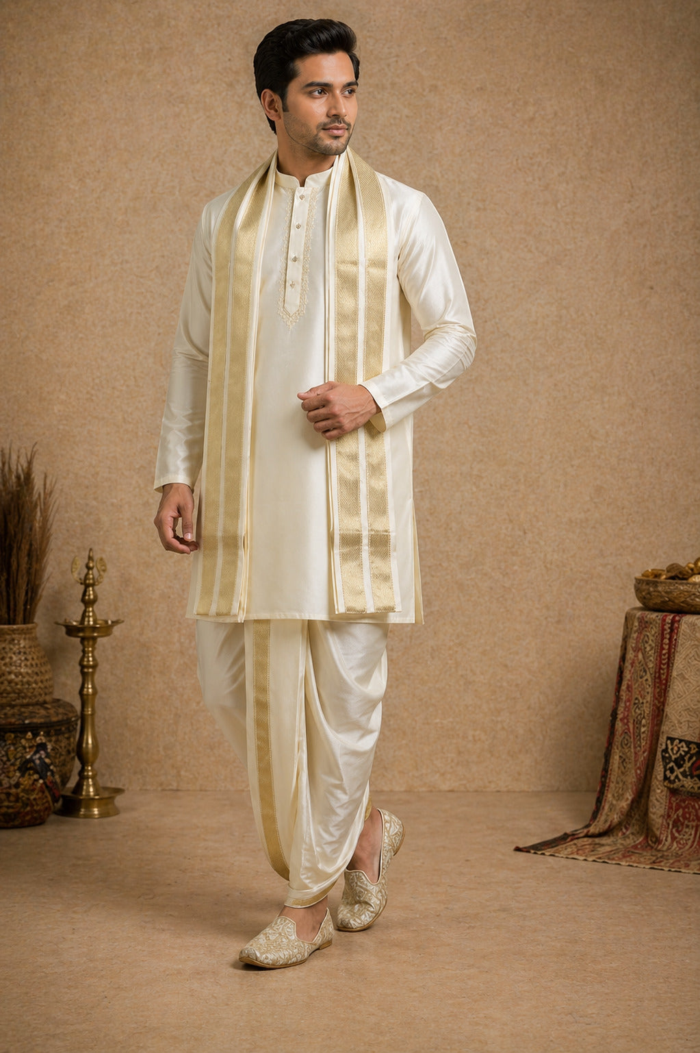 Tattva Men Cream Toned Art Silk Kurta Dhoti Set