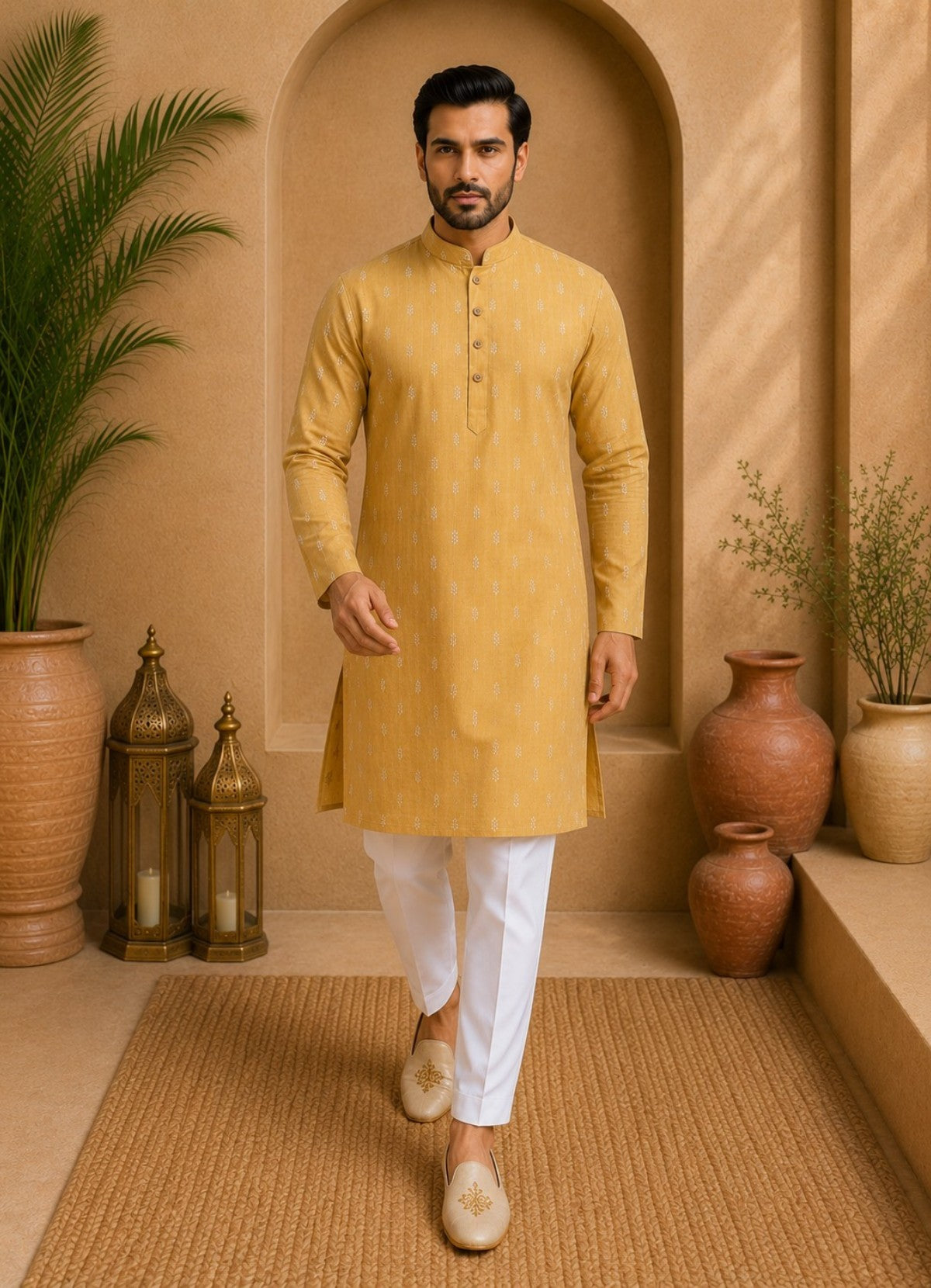 Tattva Men Mustard Yellow Self Design Mandarin Collar Straight Kurta with Pyjamas