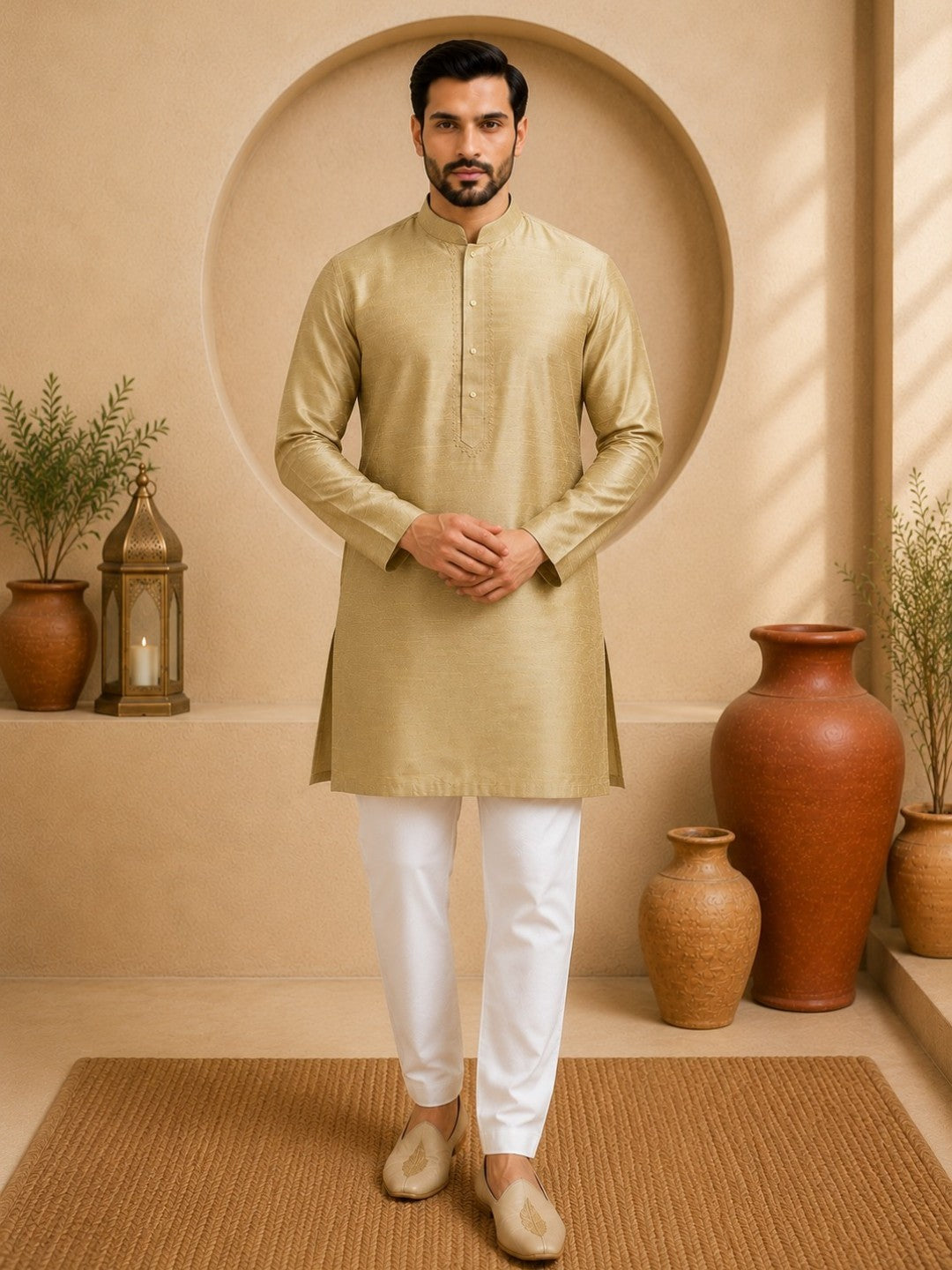 Tattva Men Khaki Colored Embroidered Short Kurta