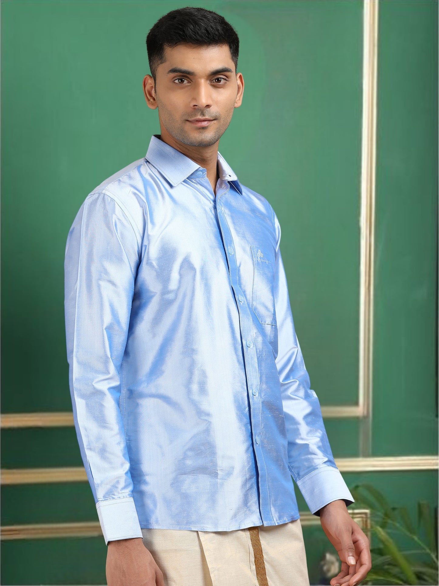Tattva Men Sky Blue Toned Pure Silk Shirt