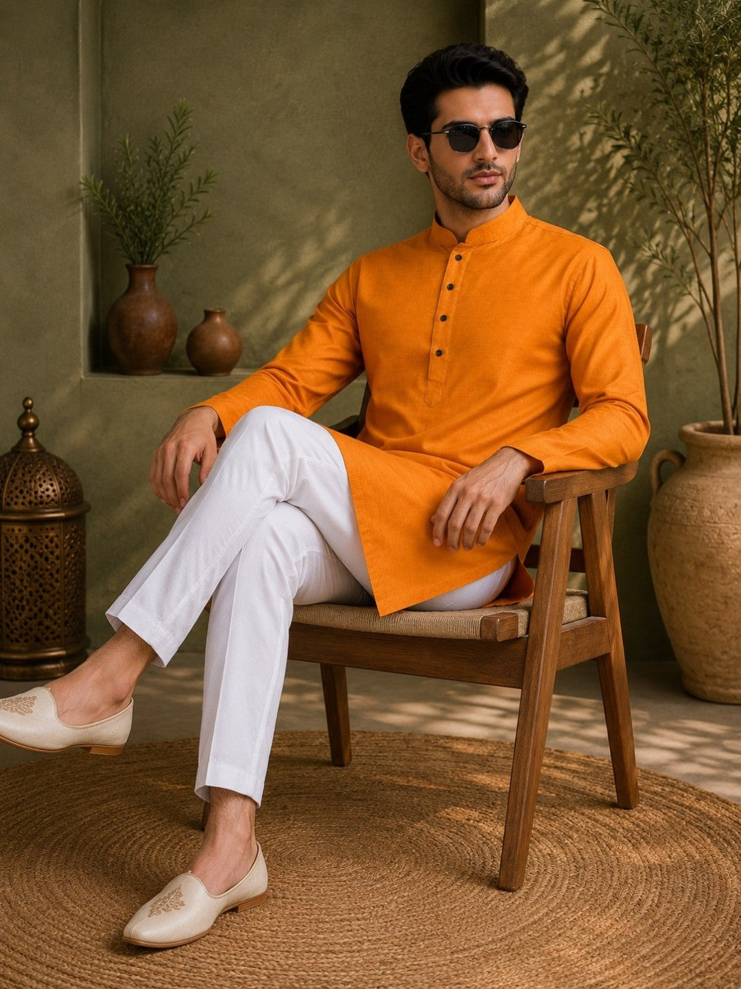 Tattva Men Saffron-Toned Applique Mandarin Collar Kurta