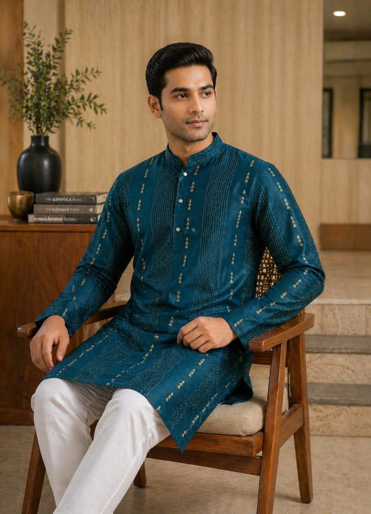 Tattva Men Peacock Blue Embroidered Cotton Silk Kurta with Pyjamas