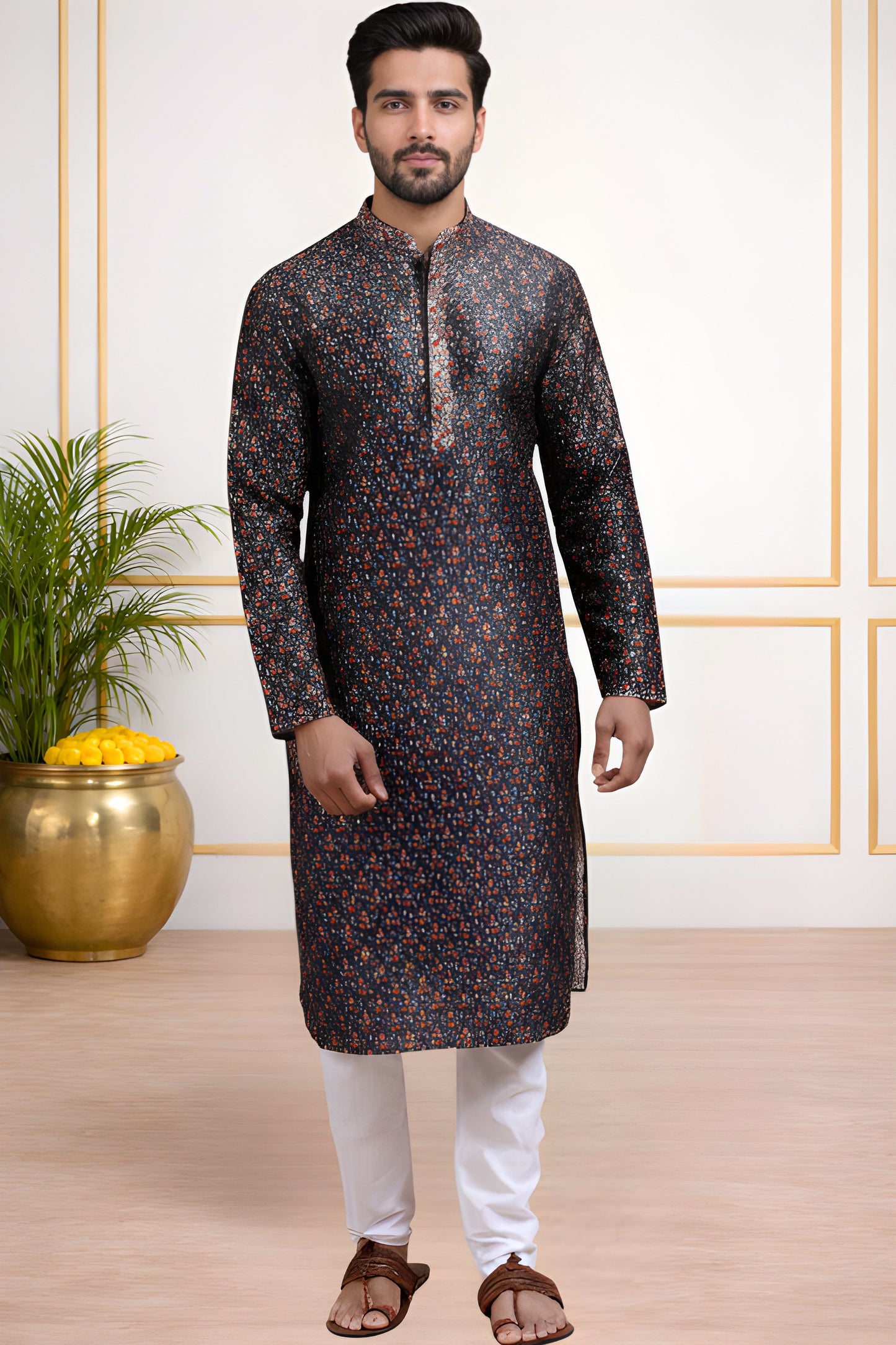 Tattva Men Black Printed Kurta Set with Embroidered Placket & Mandarin Collar
